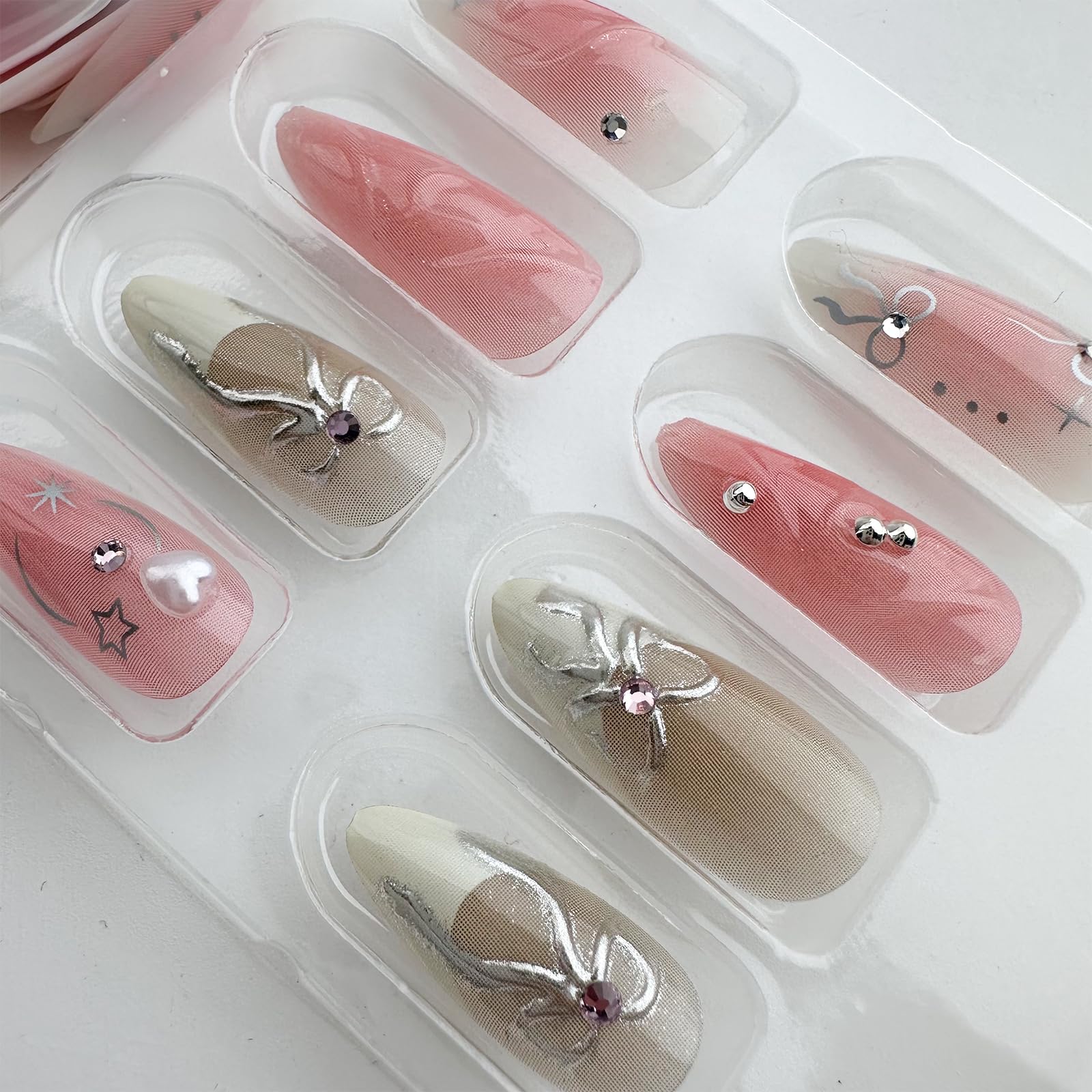 LBPEPAMZ Pink Press On Nails Medium Almond Fake Nails with 3D Silver Bow Bead Pearl Designs White Gradient French Tips Acrylic False Nails Heart Full Cover Glossy Stick On Nails for Women 24Pcs
