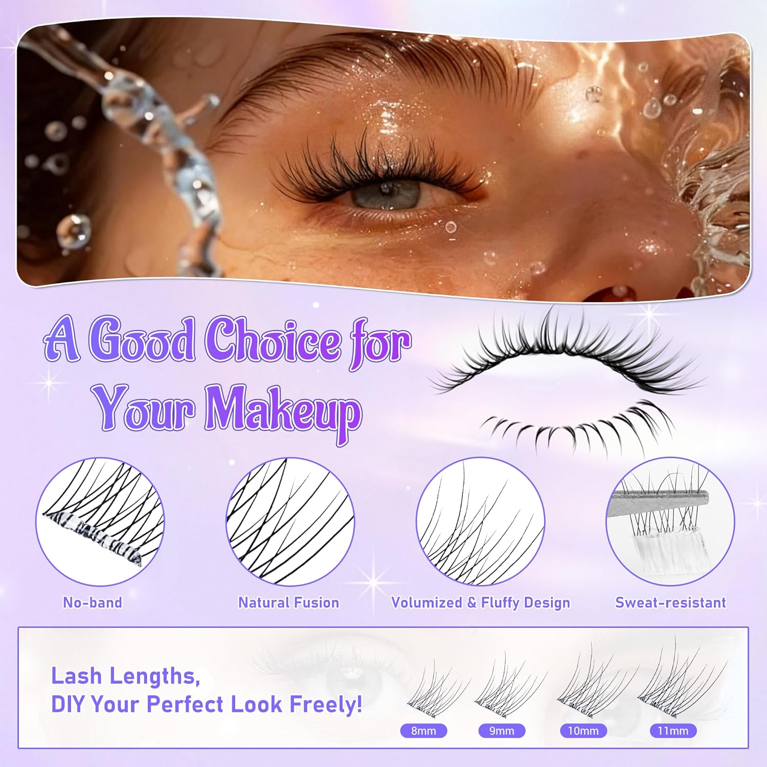 Self Adhesive Eyelashes, Individual Lashes Clusters for Natural Lash Clusters Kit, Pre Lash Glue Wispy Cluster Eyelash Extensions Kit Easy to Apply 120 PCs 8mm 9mm 10mm 11mm