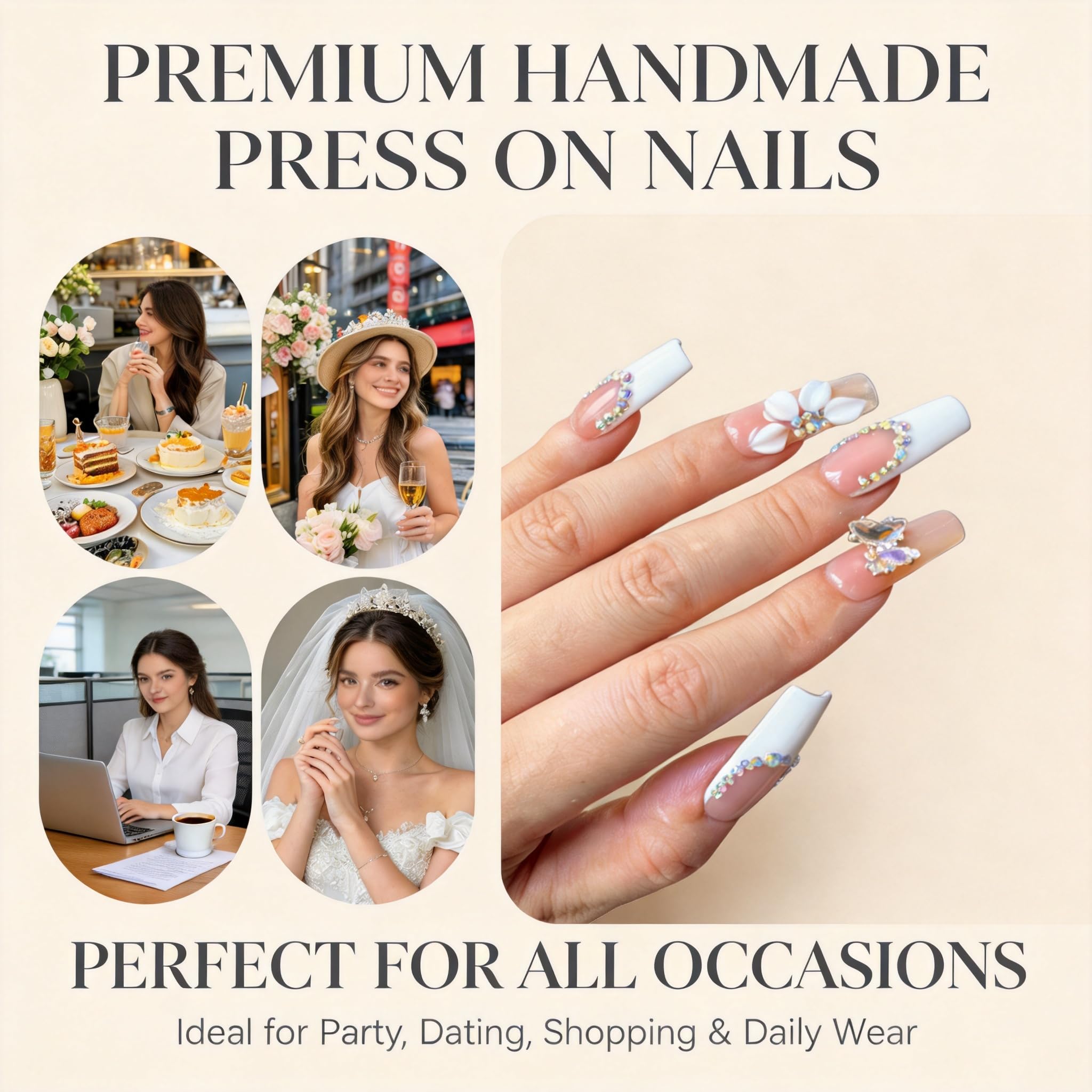 Luxury Handmade Press on Nails - Long Square White French Tips Press on Nai,l with Almond 3D Rhinestones, Flowers & Butterflies, Acrylic Multi-Layer Gel False Nails for Women (10Pcs) S SIZE