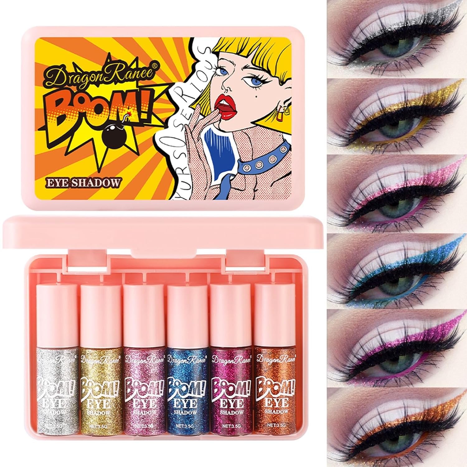 6 Pcs Liquid Glitter Eyeshadow Set Colorful Eyeliner with Long-Lasting and Waterproof Shinning Eye Shadow Gift for Women Eye Makeup (Cherry Rabbit)