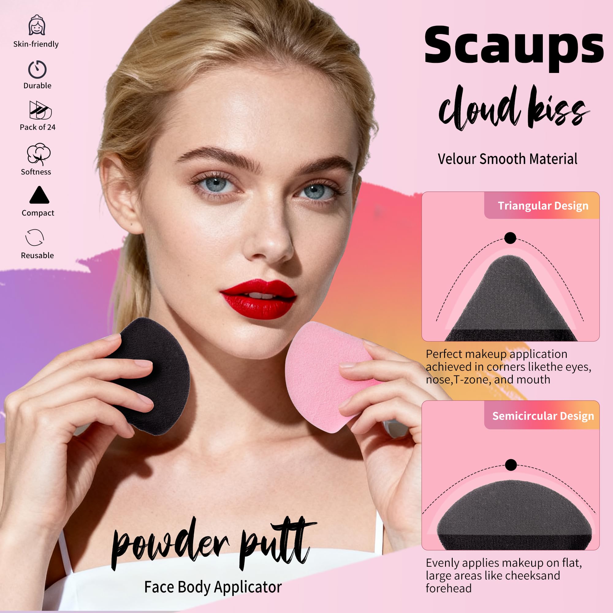 Scaups 24Pcs Black and Pink Powder Puff, Triangle Powder Puffs, Powder Puffs for Makeup and Cosmetic Foundation