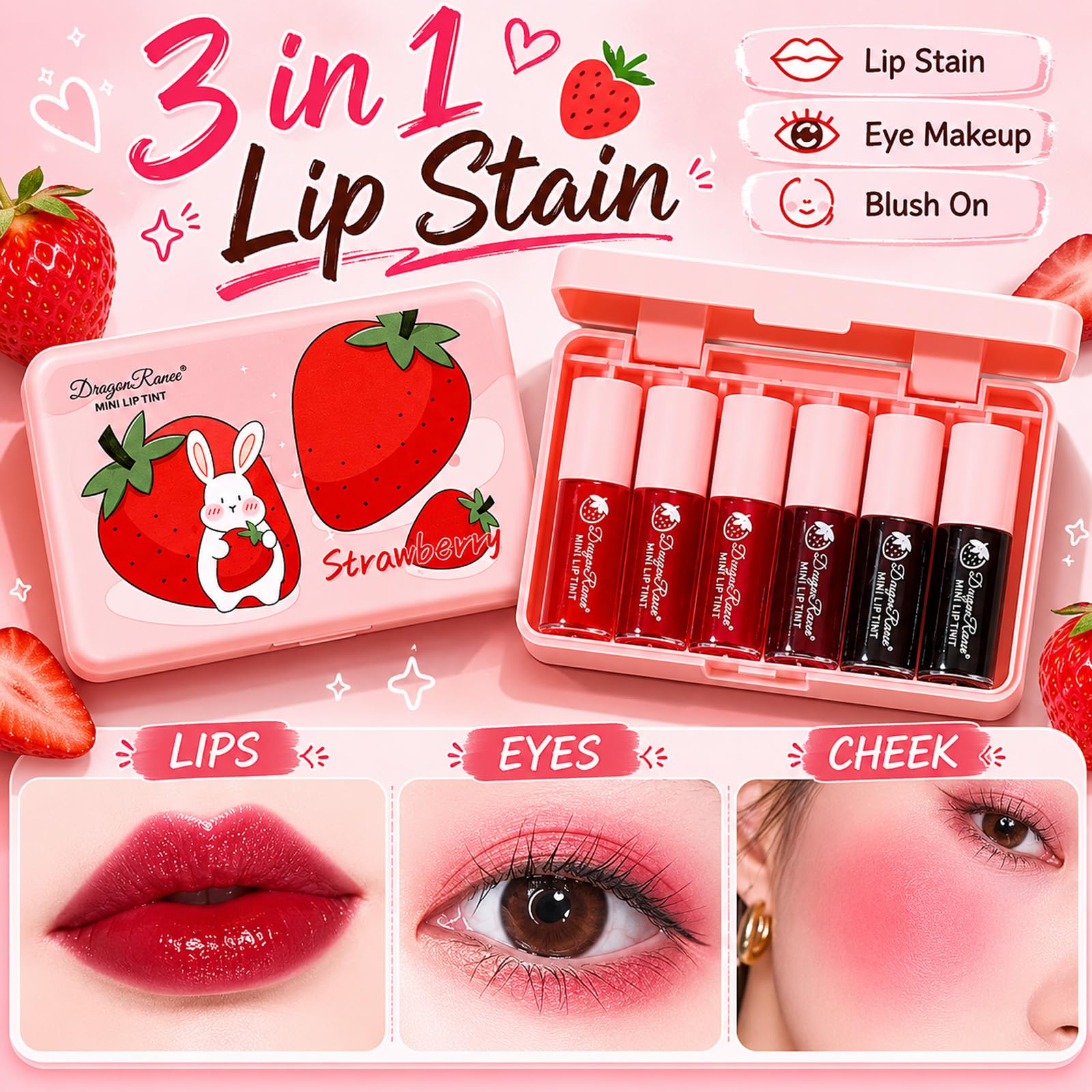 6 Colors Lip Tint Stain Set, Korean Makeup Lip Stain Moisturizing Mini Liquid Lipstick, Multi-use Lip and Cheek Tint, Long lasting Non-Stick Cup Waterproof, Cute Stuff, Lip Color Makeup