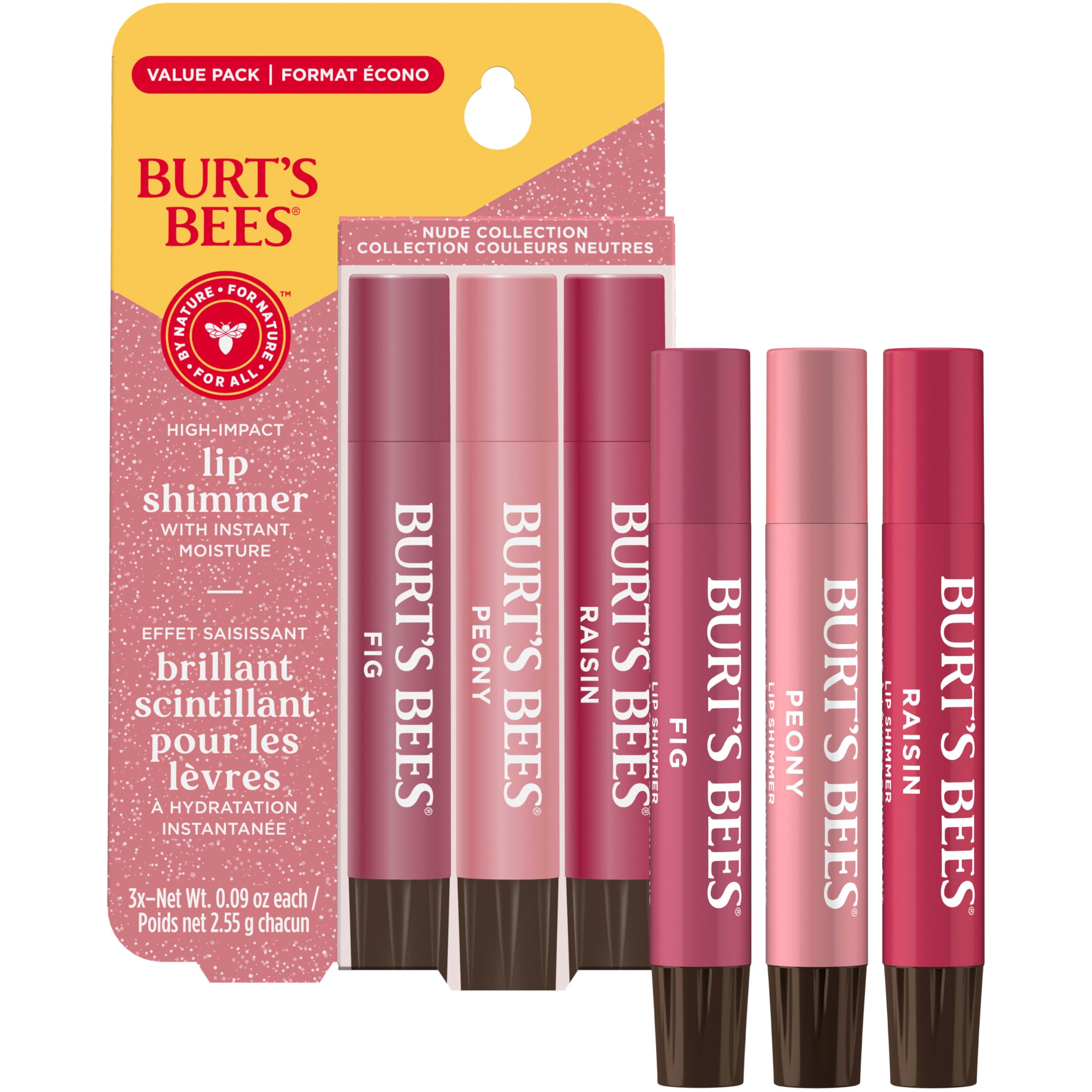 Burt's Bees Lip Shimmer Nude Collection, Tinted Lip Balm Stick, Moisturizing for All Day Hydration with Natural Glowy Pigmented Finish & Buildable Color, 3 Warm Shades; Value Pack, 3 Tubes x 0.09 Oz
