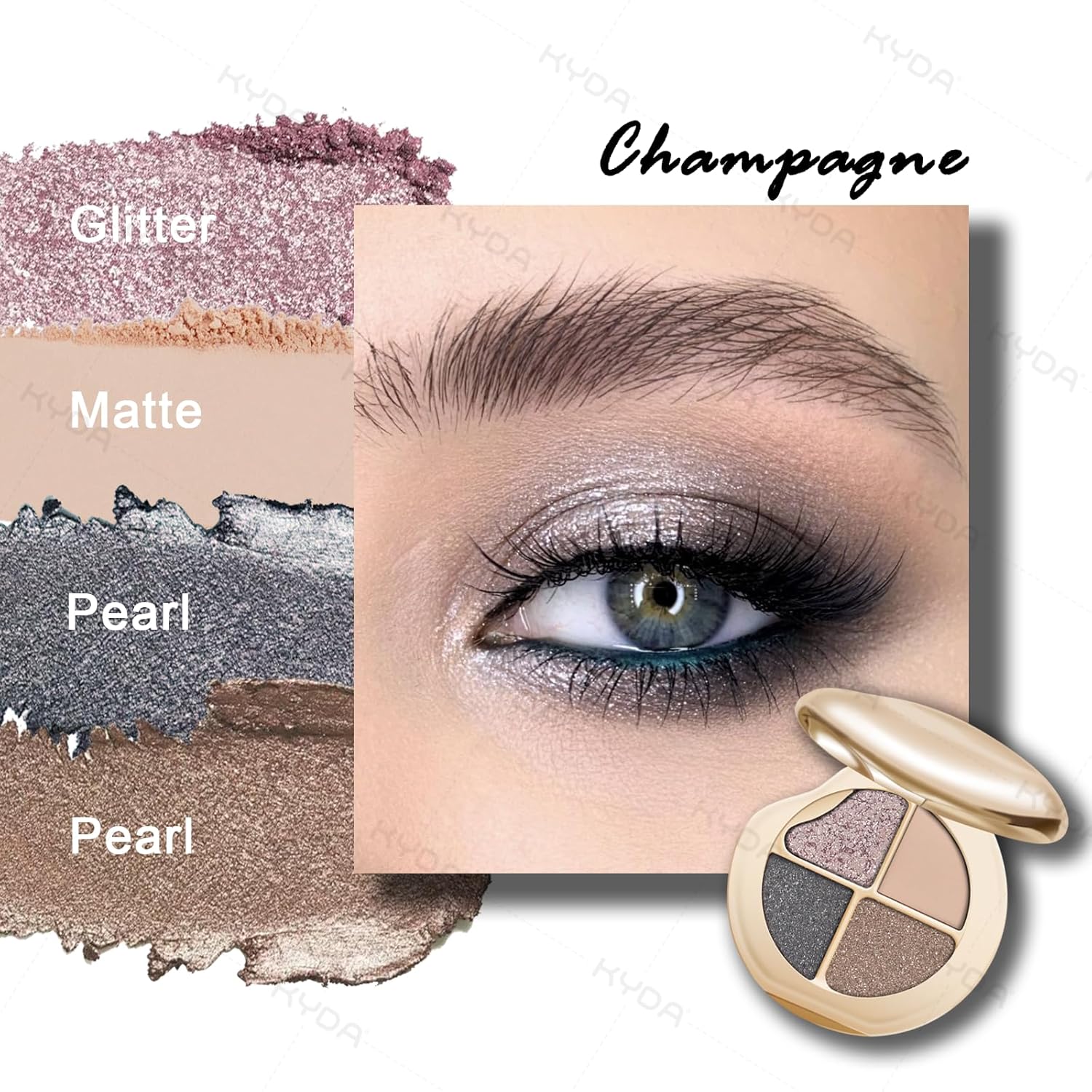 KYDA 4 Colors Eyeshadow Palette, Neutral Eyeshadow, High Pigmented Eyes and Cheeks Palette for Women, Pearl Metallic Glitter Mini Makeup, Lasting Blendable Smokey Eyes Shadow, Champagne