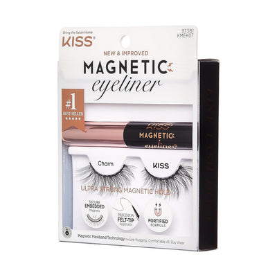 KISS Magnetic False Eyelashes and Eyeliner, ‘Charm’, 12mm, Easy to Apply, Reusable, No Glue, Flexiband Technology, Precision Felt Tip, Fortified Formula, 1 Pair Strip Lashes