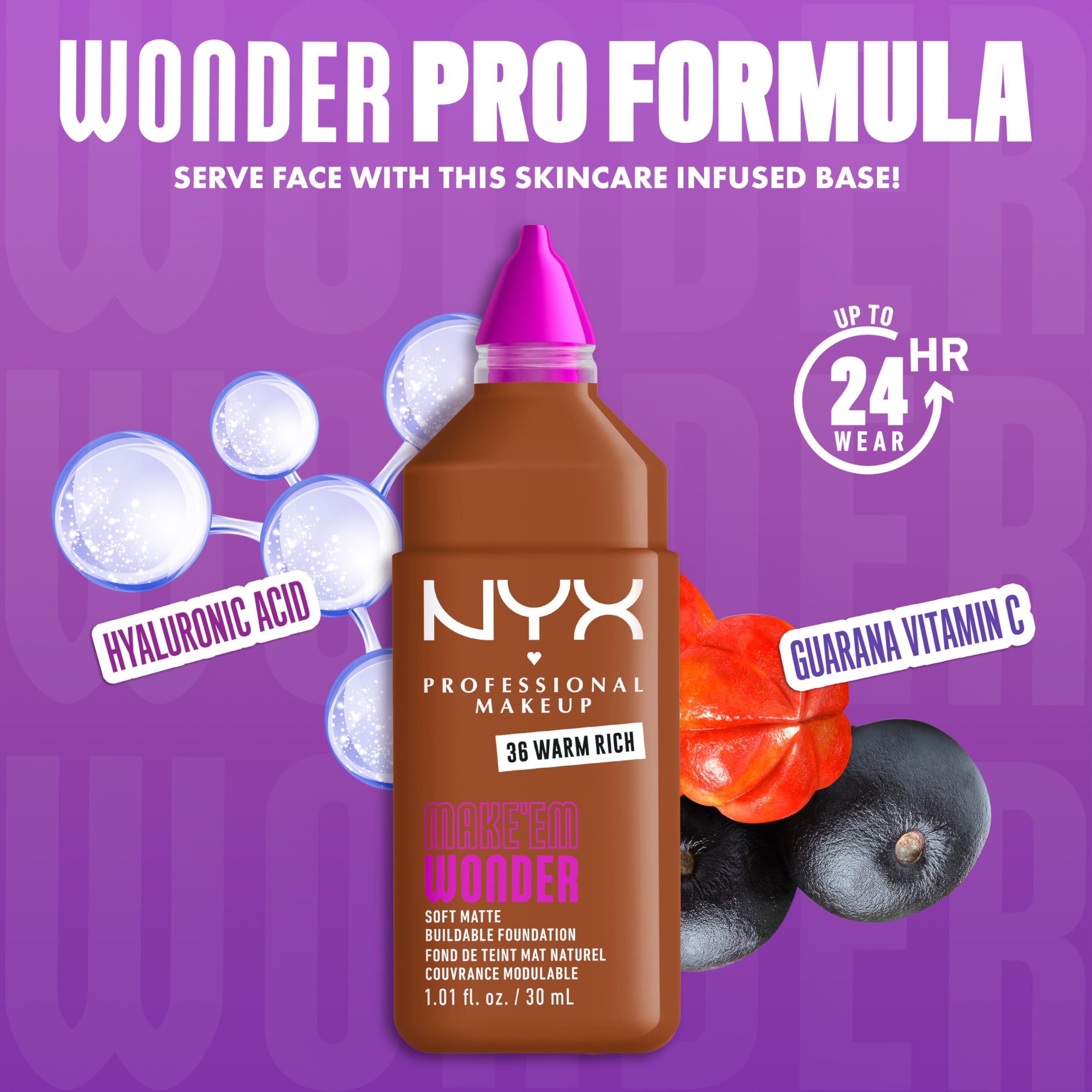 NYX PROFESSIONAL MAKEUP Make 'Em Wonder Liquid Foundation, 24HR Foundation Makeup With A Soft Matte Finish, Buildable Full Coverage - 36 Warm Rich