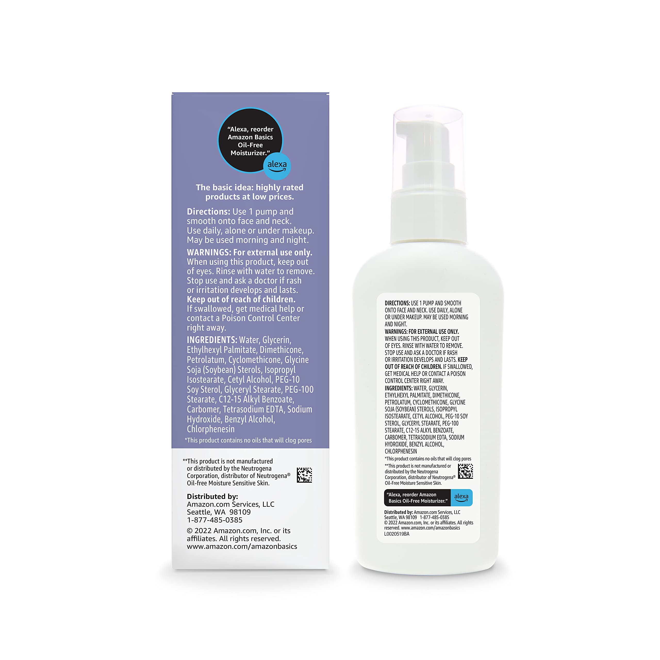 Amazon Basics Oil-free Facial Moisturizer for Sensitive Skin, Fragrance Free, Non-Comedogenic, 4 Fluid Ounce (Previously Solimo)