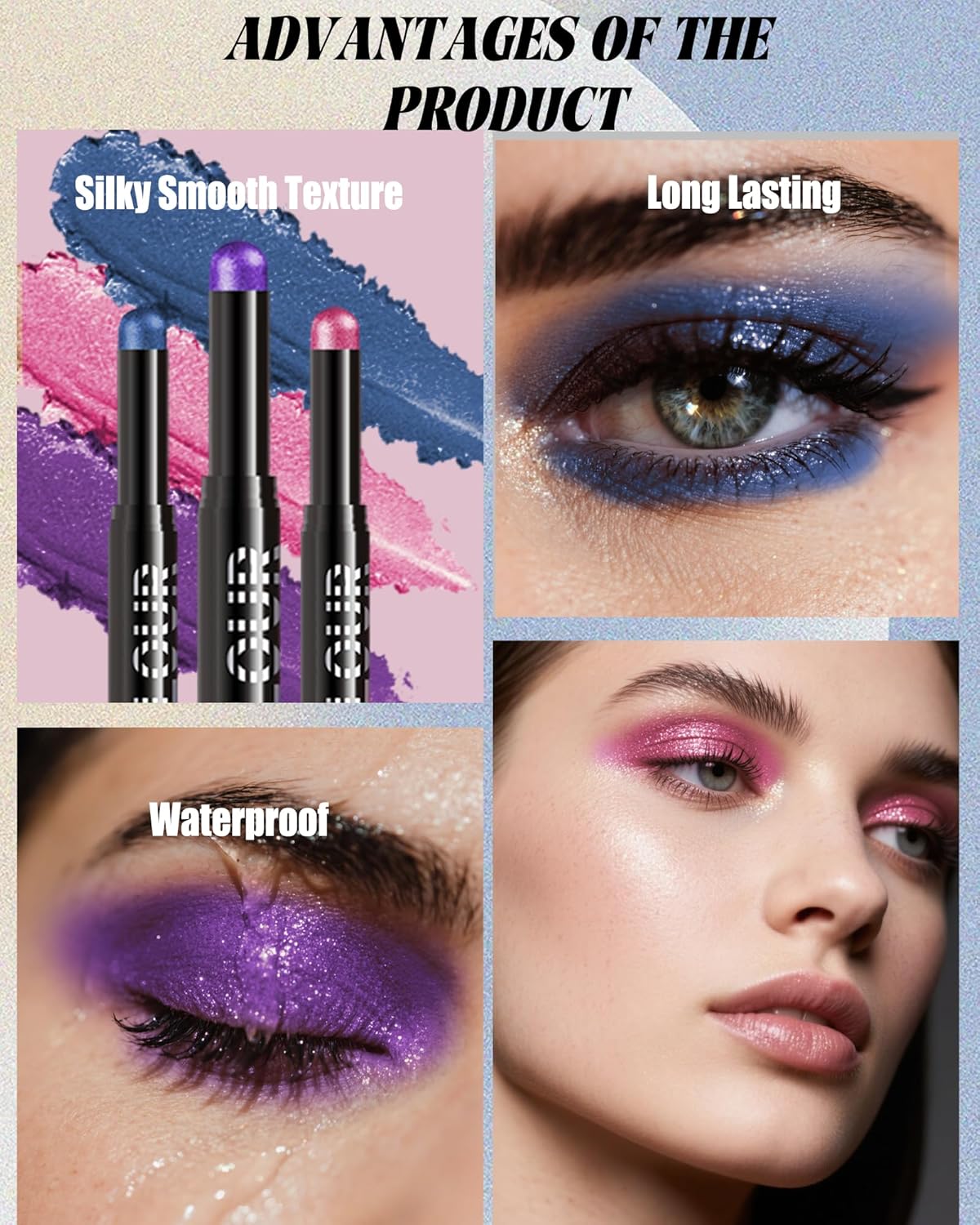 Waterproof Cream Eyeshadow Stick, Purple Shimmer Highly Pigmented Long-lasting Eye Shadow Pencil, Metallic Blendable Eyeshadow Brightener Applicator Stick, Hypoallergenic Women Eye Highlight Makeup-23