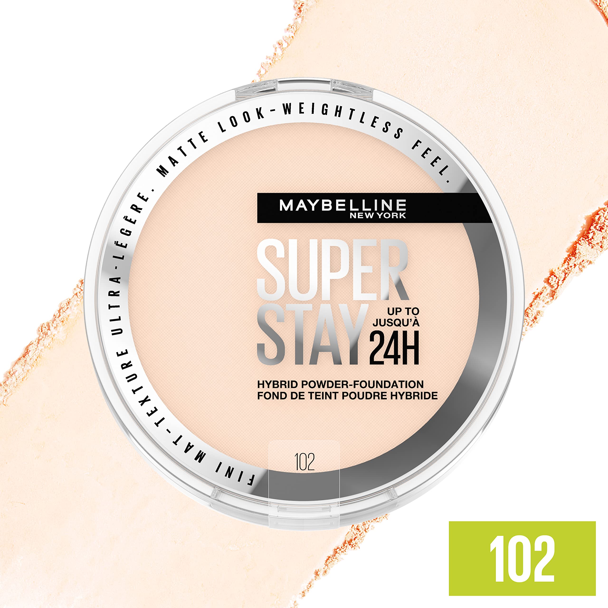 Maybelline Super Stay Up to 24HR Hybrid Powder-Foundation, Medium-to-Full Coverage Makeup, Matte Finish, 102, 1 Count