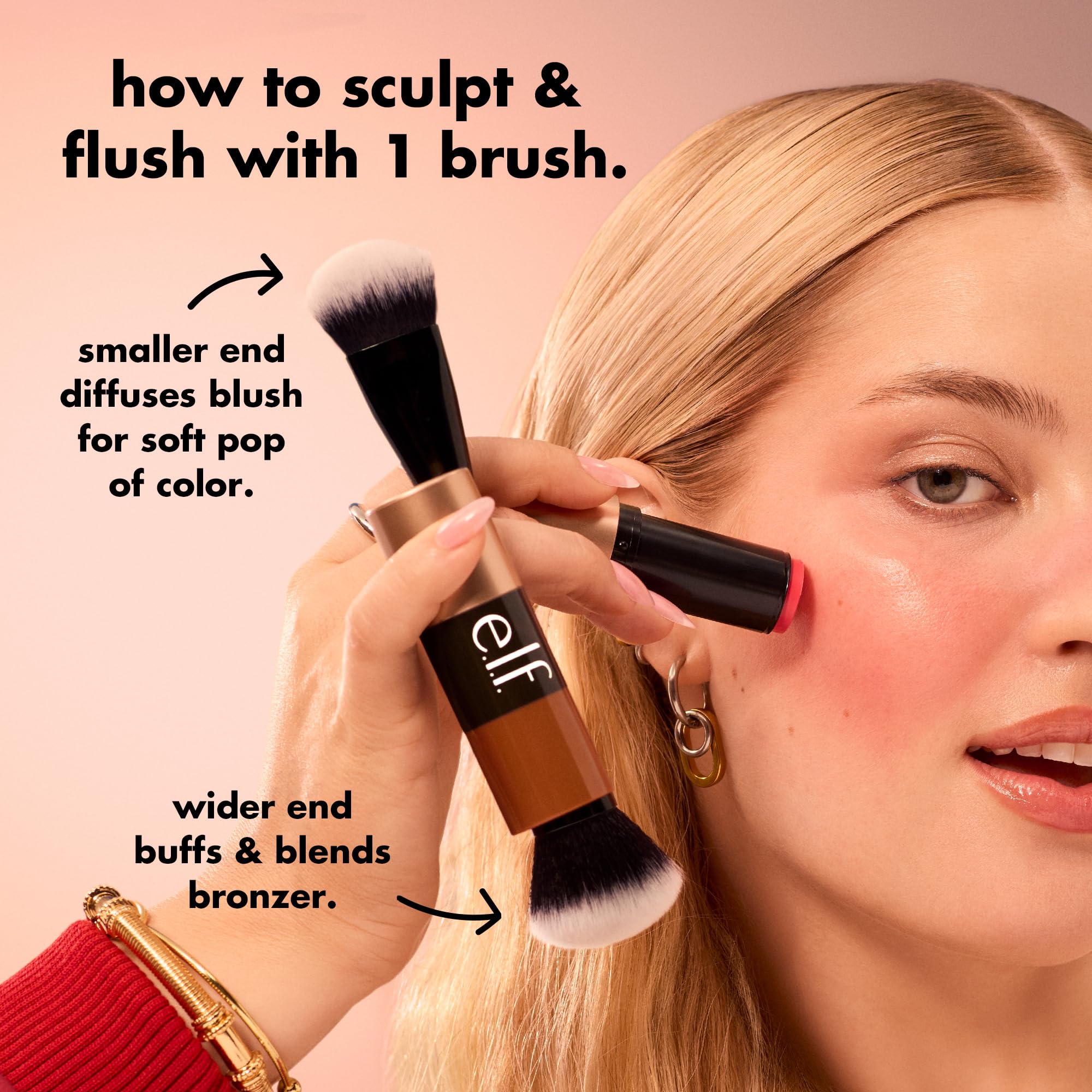 e.l.f. Cream Blush & Bronzer Duo Brush, 2-in-1 Makeup Brush for Blending & Layering Cream Formulas, Creates Seamless Glow, Vegan & Cruelty-Free