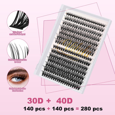 Lash Clusters Kit for DIY Lash Extension at Home, 30&40D False Eyelashes Set with Bond and Seal, Remover, Tweezers, D Curl Wispy Individual Clusters Eye Lash Extensions (30&40D DIY Lash Kit)