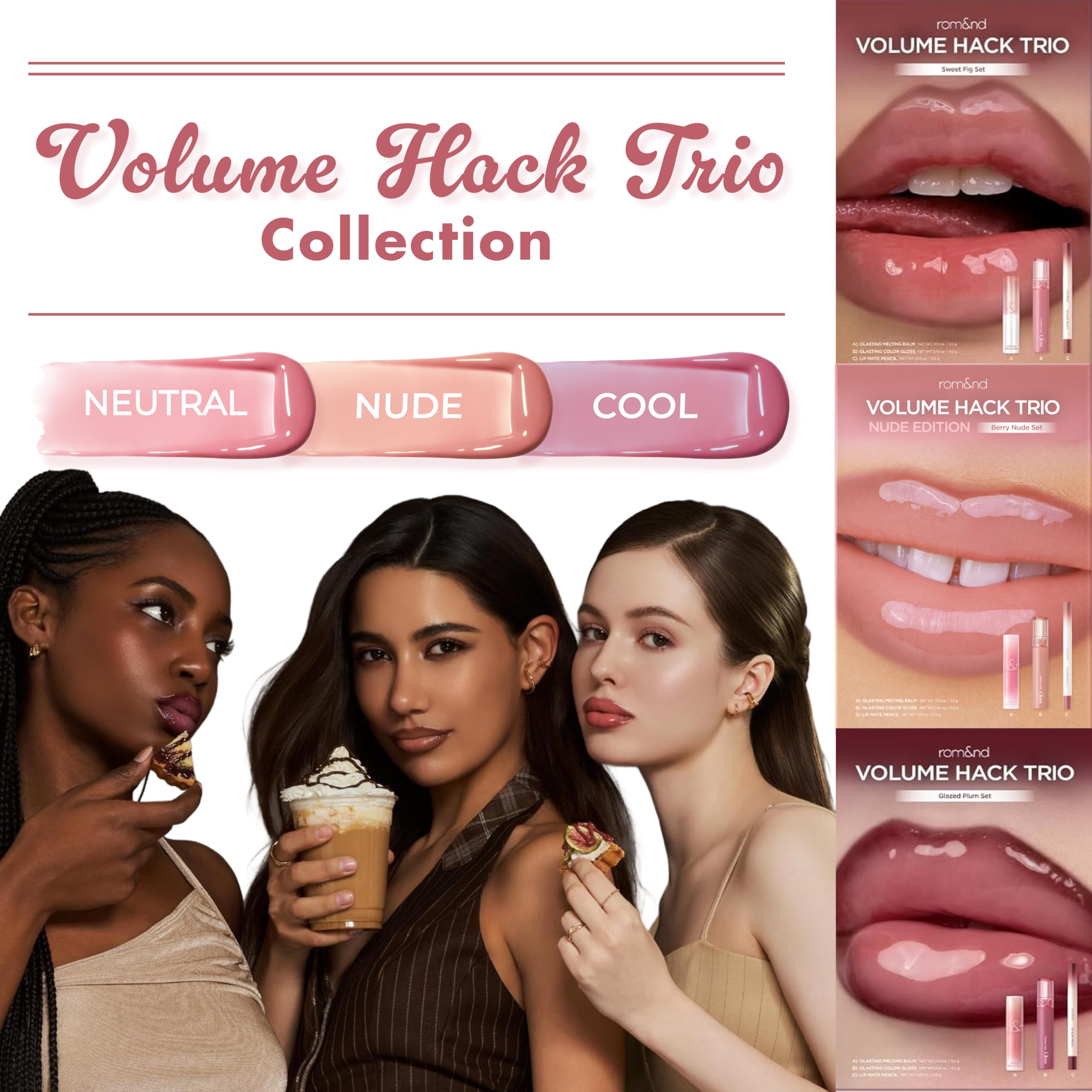 rom&nd Volume Hack Trio Berry Nude Set | 3-Step Plumping Lip Kit for Defined, High-Shine Lips | TikTok Viral Cool-Tone Gradient