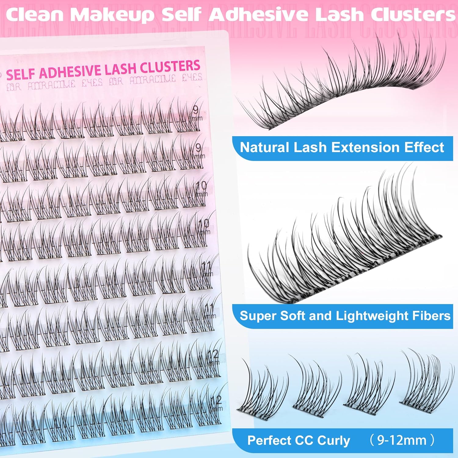 Self Adhesive Eyelashes Natural Self Adhesive Lash Clusters 9-12MM Wispy Eyelash Clusters No Glue Needed Cluster Eyelash Extensions Waterproof Pre glued Individual Lashes Extension by TNFVLONEINS