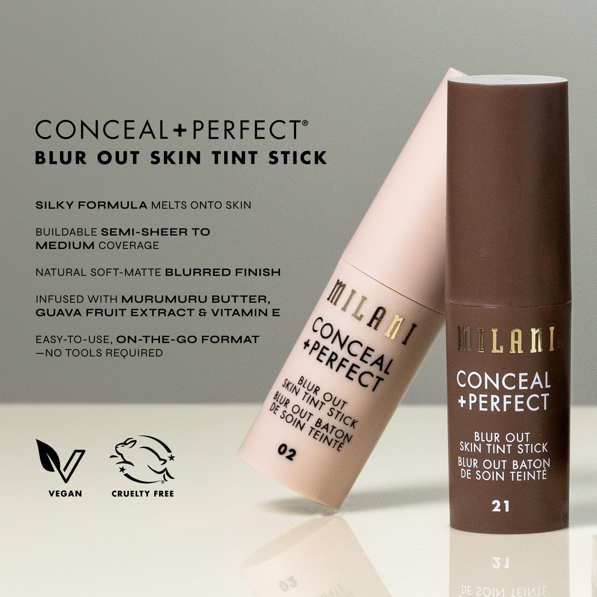 Milani Conceal + Perfect Blur Out Skin Tint Stick - Light to Medium Coverage Tinted Moisturizer Stick with Vitamin C & E - Soft Matte, Pore Blurring Natural Finish 07-Light Medium Neutral