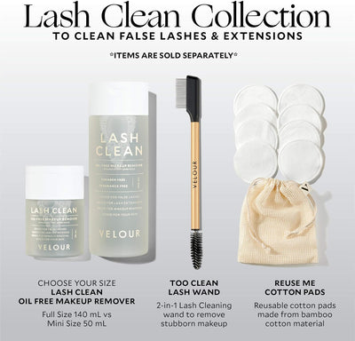 VELOUR Lash Clean - Oil Free Liquid Makeup Remover for Eyes, False Lashes, & Face - Gentle Lash Cleanser & Eye Makeup Remover - Vegan Lash Extension Cleanser - No Parabens or Fragrance (50 ml)