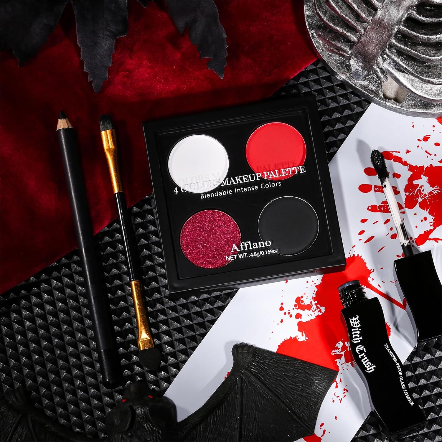 Afflano Goth Eyeshadow Makeup Kit, Multichrome White Black Red Eyeshadow Palette, Goth Black lipstick Matte Waterproof,Ultra-Pigmented Intense Metallic Smokey Eye shadow SFX Halloween Gothic Makeup