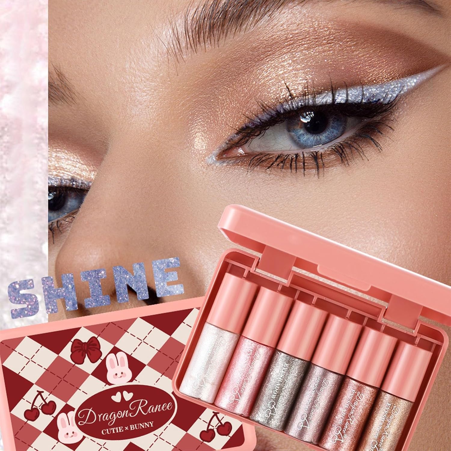 6 Pcs Liquid Glitter Eyeshadow Set Colorful Eyeliner with Long-Lasting and Waterproof Shinning Eye Shadow Gift for Women Eye Makeup (Cherry Rabbit)