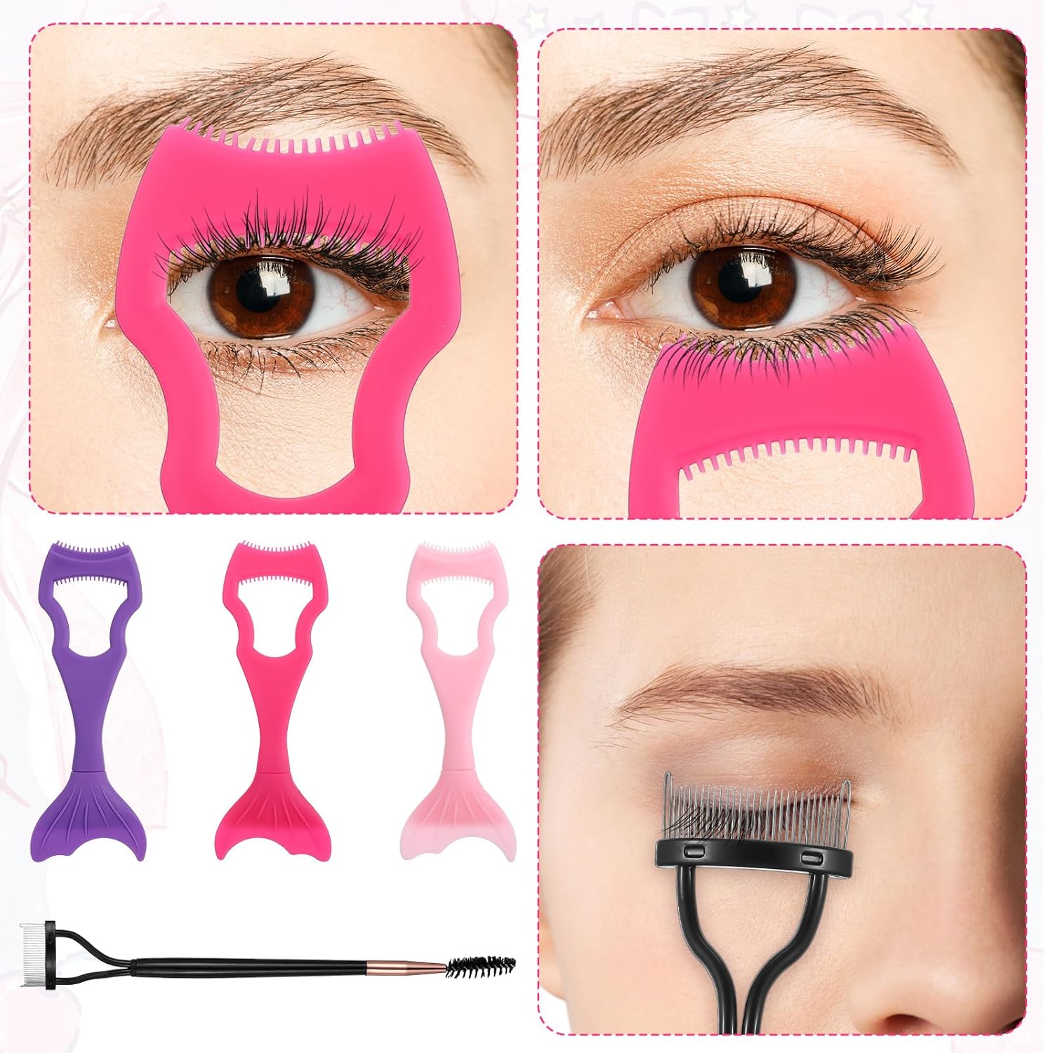 Mascara Guard for Eyelashes,3 Pcs Mascara Shield Guard with 2 in 1 Eyelash Comb Separator,Reusable Makeup Tool Set,Make Natural Eyelook,Beginners Friendly for Women(Pink+Black)