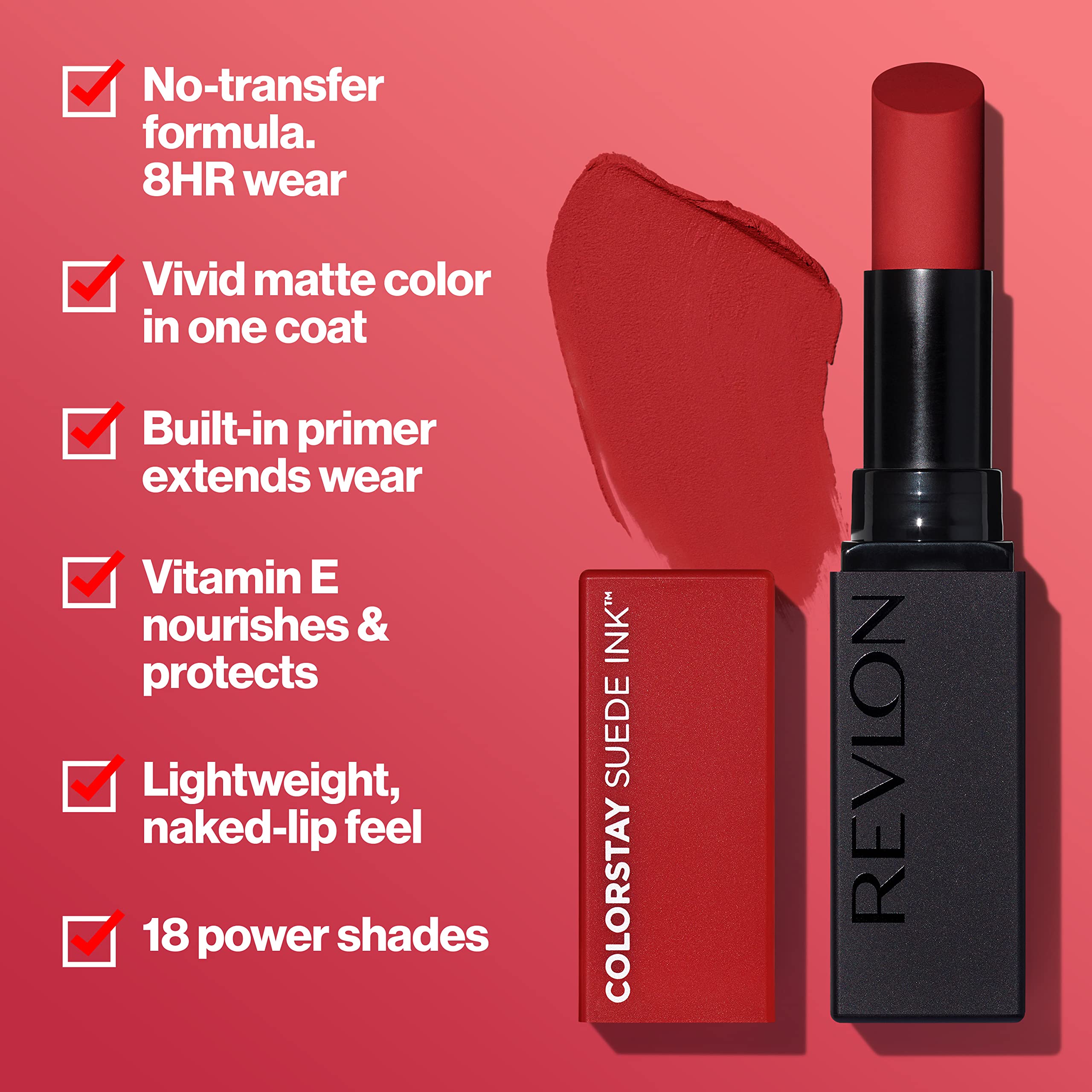 Revlon Lipstick, ColorStay Suede Ink, Built-in Primer, Infused with Vitamin E, Waterproof, Smudge-proof, Matte Color, 009 In Charge, 0.09 oz