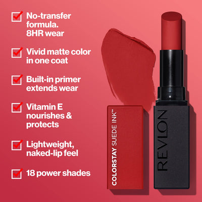 Revlon Lipstick, ColorStay Suede Ink, Built-in Primer, Infused with Vitamin E, Waterproof, Smudge-proof, Matte Color, 009 In Charge, 0.09 oz