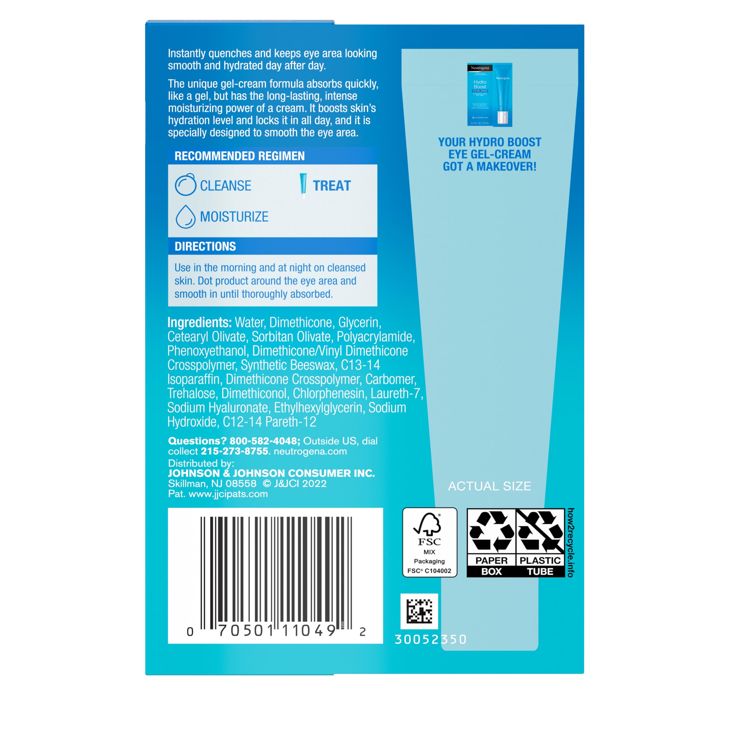 Neutrogena Hydro Boost Under Eye Cream, with Purified Hyaluronic Acid, Keeps Under Eye Area Looking Smooth & Hydrated, Fragrance Free and Non-Comedogenic, 0.5 oz