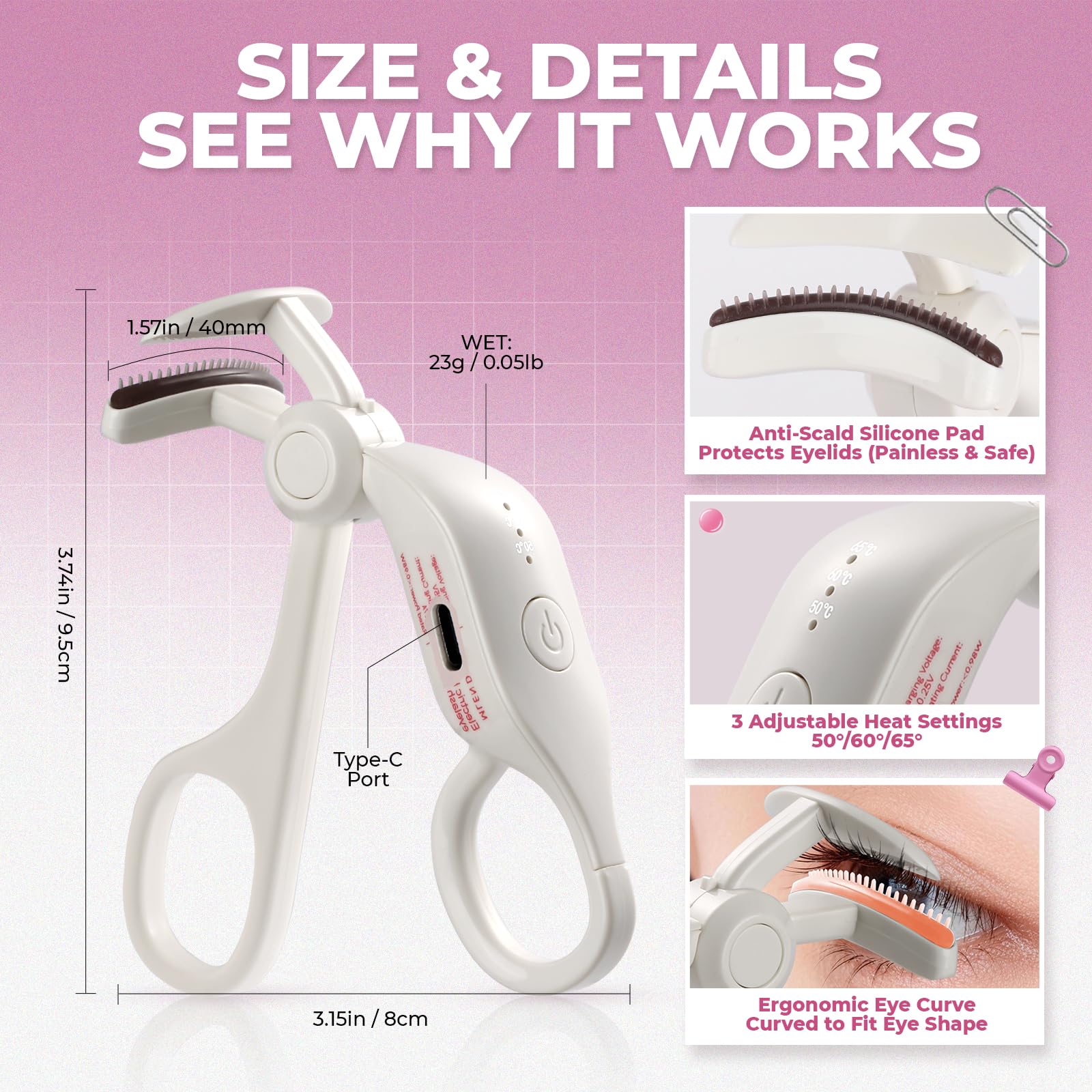 Heated Eyelash Curler, 5s Fast Heat Up & 24H Long-Lasting Curls, Electric Lash Curler with Intelligent Temp Control & Anti-Burn Silicone Pad, Type-C Rechargeable, Quick Natural Curling for All Lashes