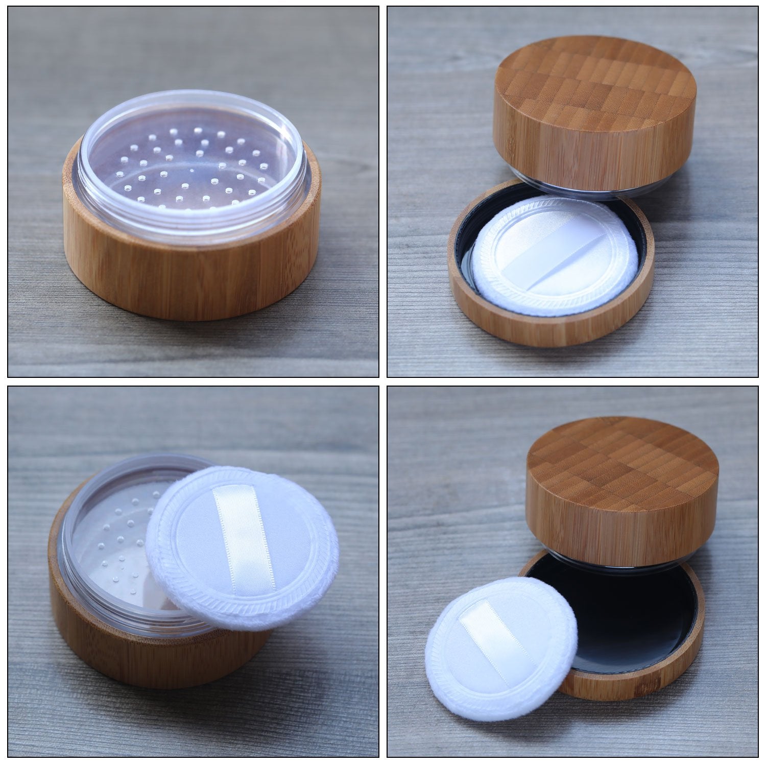 Frienda 30 ml Bamboo Loose Powder Puff and Container Empty Dusting Powder Jar for Body Face Makeup Travel Box Compact Case Holder with Sifter Lids and Puff