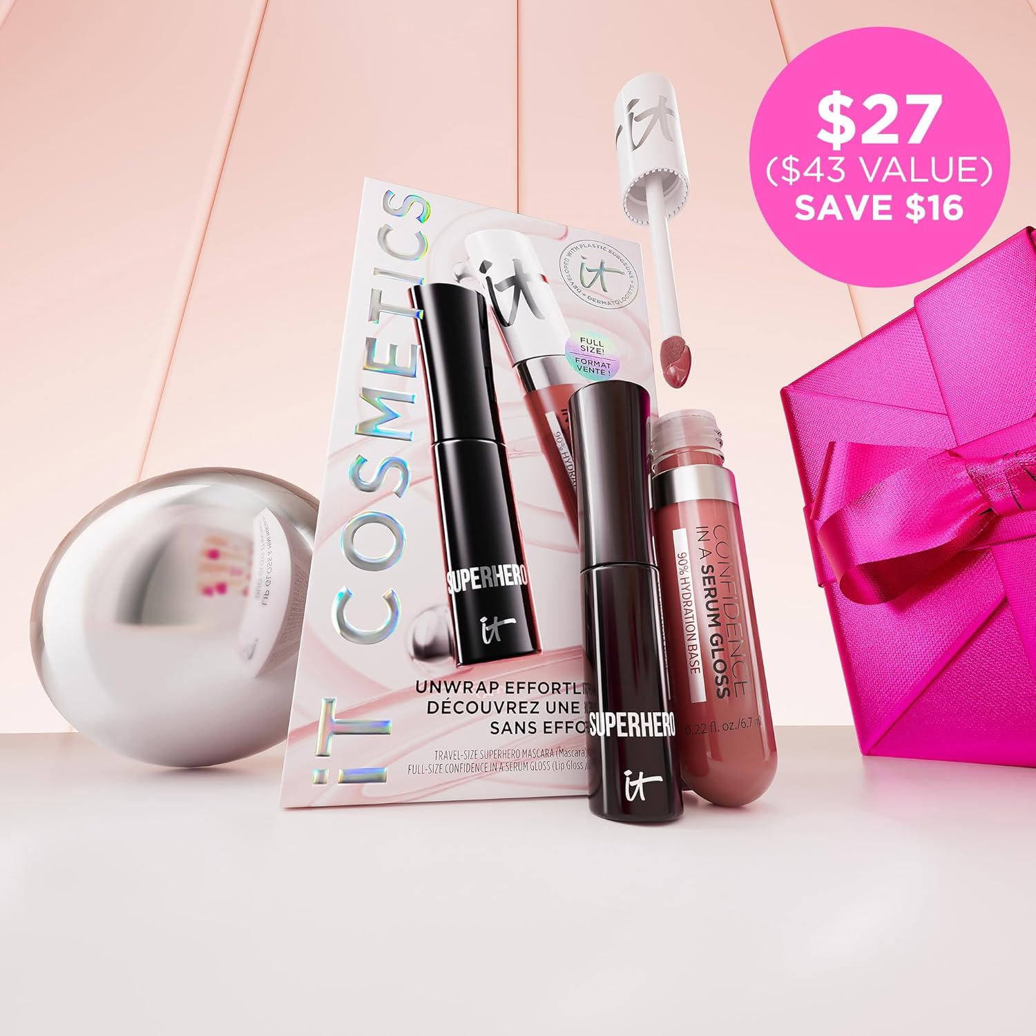 IT Cosmetics Unwrap Effortless Color Mascara & Lip Gloss Makeup Set, 2-Pc Holiday Giftset for Her - Confidence in a Serum Hydrating Lipgloss (Full Size) & Superhero Volumizing & Lengthening Mascara