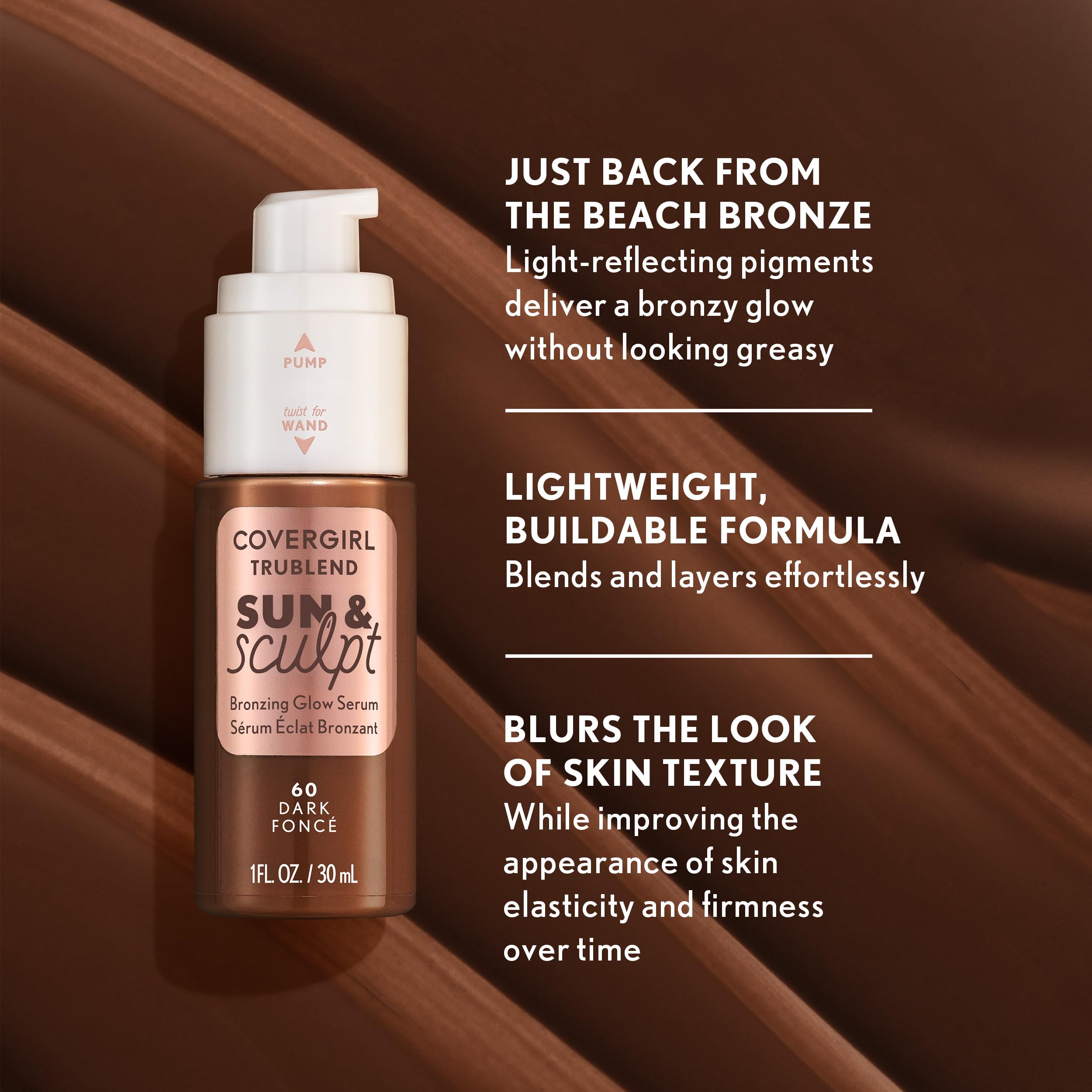 COVERGIRL TruBlend Sun & Sculpt Bronzing Glow Serum, Buildable, Radiant Glow, Wand and Pump Applicator - 30 Light Medium