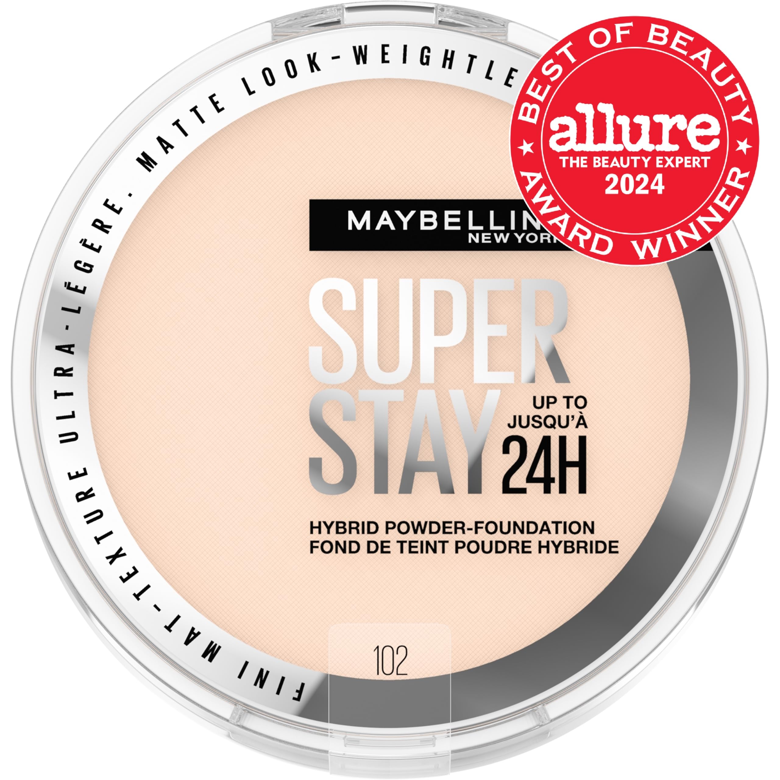 Maybelline Super Stay Up to 24HR Hybrid Powder-Foundation, Medium-to-Full Coverage Makeup, Matte Finish, 102, 1 Count