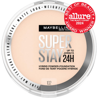 Maybelline Super Stay Up to 24HR Hybrid Powder-Foundation, Medium-to-Full Coverage Makeup, Matte Finish, 102, 1 Count