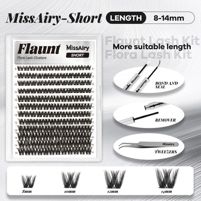 Flaunt Lash Clusters Kit Flora Short 8-14mm Light-Volume Wispy Eyelash Clusters D Curl DIY Eyelash Extension Kit Spiky Cat Eye Individual Lash Eyelash Clusters with 0.05mm Ultra-Thin Black Band