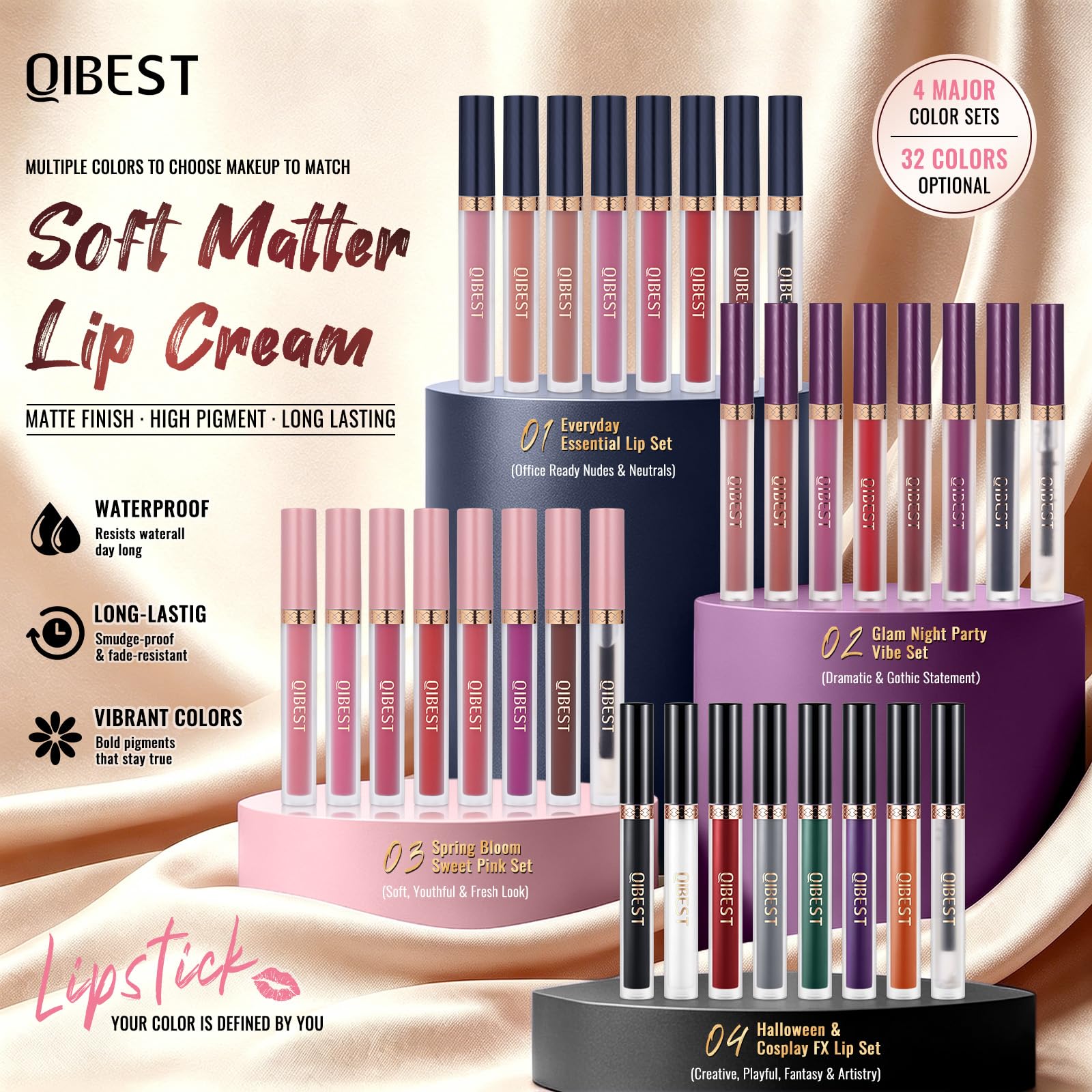 QiBest 7Pcs Matte Liquid Lipstick + 1Pcs Lip Plumper Makeup Set Kit, Pigmented Long Lasting Lip Gloss Set, Velvet Waterproof Halloween Lip Makeup Valentine's Day Gift Sets for Girls and Women