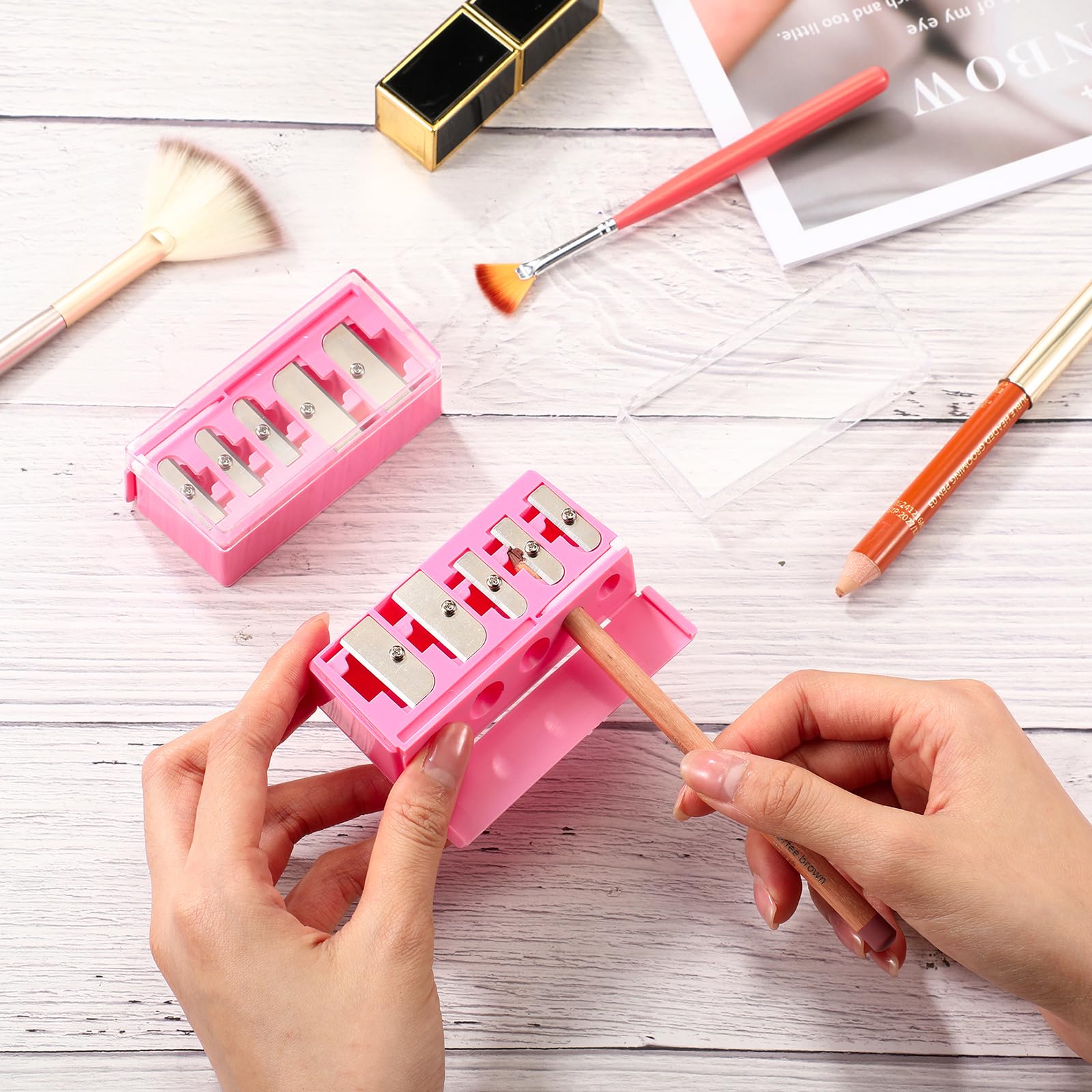 Honoson 2 Pcs 5 Hole Cosmetic Long Point Manual Pencil Sharpener with Plastic Lid Makeup Eyeliner Pencil Sharpener(Hot Pink)