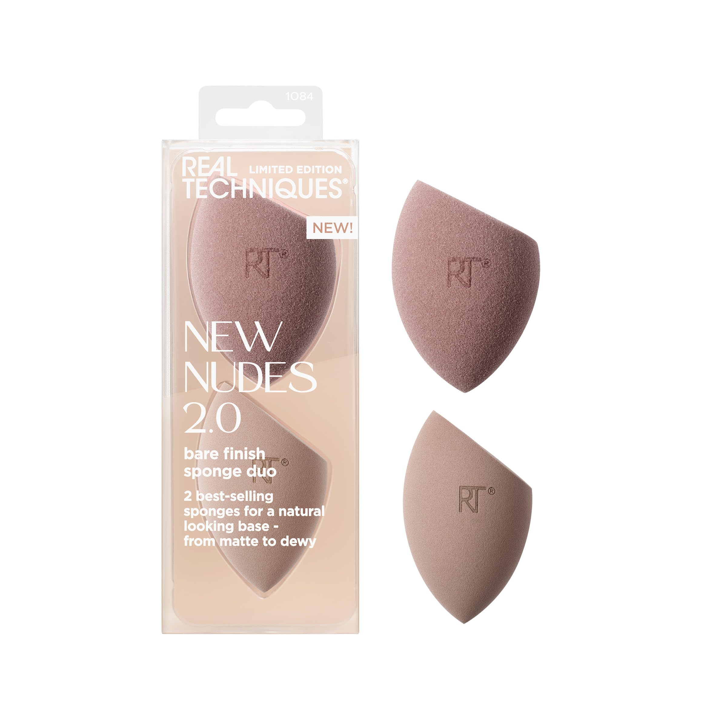 Real Techniques New Nudes Bare Finish Sponge Duo, Beauty Sponges for Liquid Foundation, Skin Tint & Concealer, Light-to-Full Coverage, Latex-Free Makeup Sponges, Cruelty-Free, 2 Count