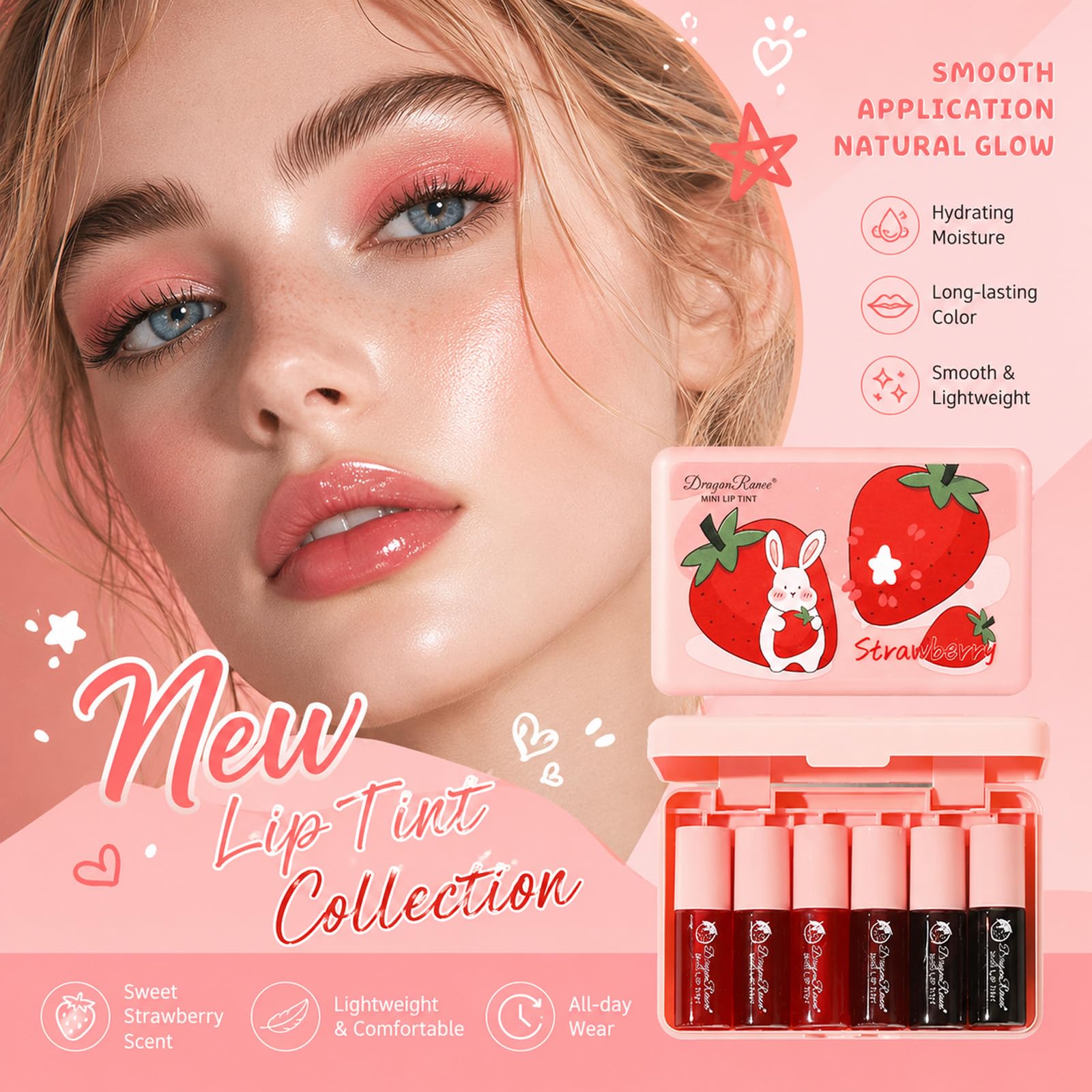 6 Colors Lip Tint Stain Set, Korean Makeup Lip Stain Moisturizing Mini Liquid Lipstick, Multi-use Lip and Cheek Tint, Long lasting Non-Stick Cup Waterproof, Cute Stuff, Lip Color Makeup