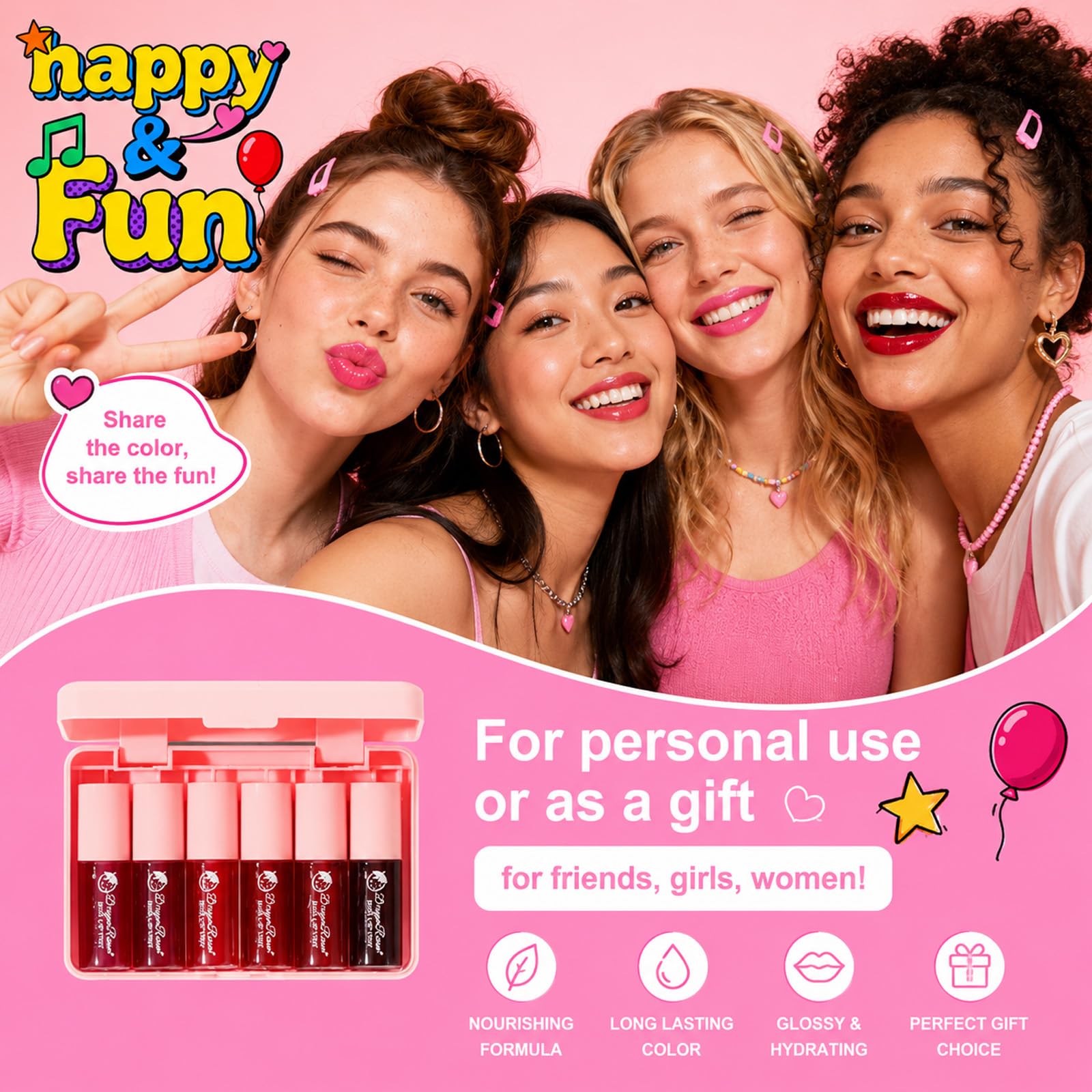 6 Colors Lip Tint Stain Set, Korean Makeup Lip Stain Moisturizing Mini Liquid Lipstick, Multi-use Lip and Cheek Tint, Long lasting Non-Stick Cup Waterproof, Cute Stuff, Lip Color Makeup