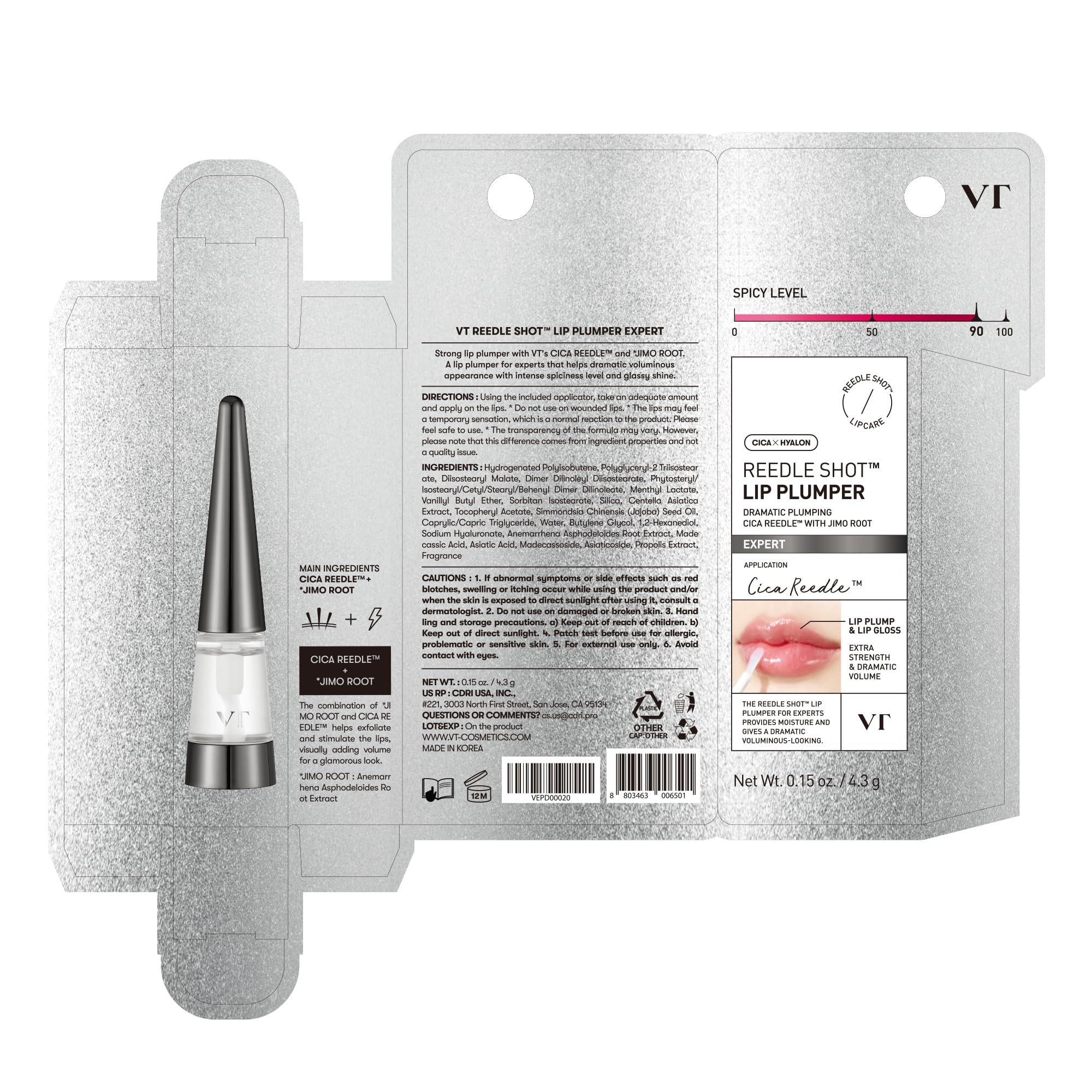 VTCOSMETICS Reedle Shot Lip Plumper, 0.15 oz (4.3 g), Moisturizing, Transparent, Lip Gloss, Fragrance-free, Korean Cosmetics (Expert)