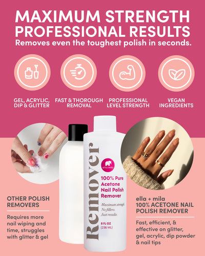 ella+mila 100% Pure Acetone Nail Polish Remover – Professional Strength Gel, Acrylic & Shellac Remover – Fingernail Polish Soak for Dip Powder, Glitter & Artificial Nails (8 fl oz)