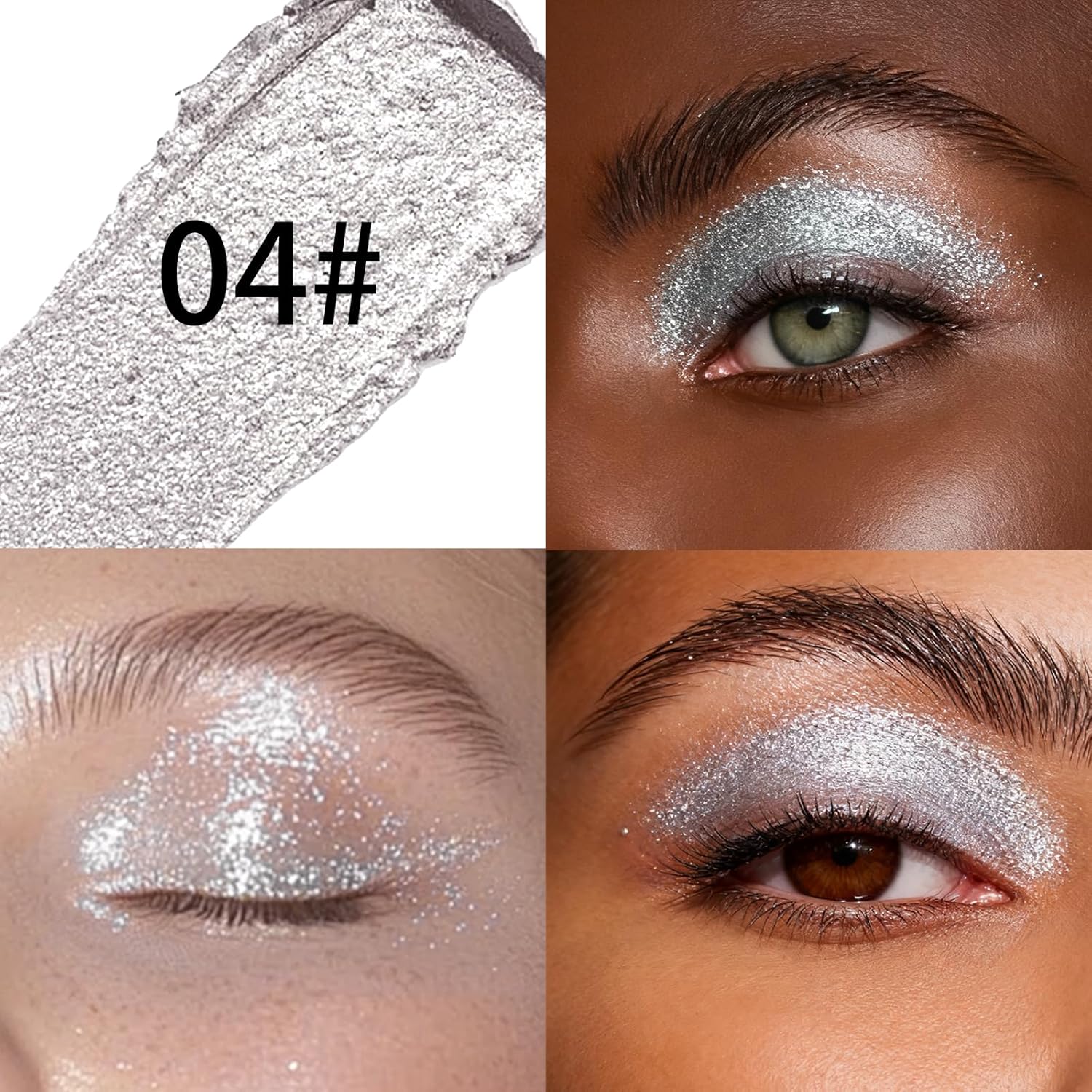 Silver White Glitter Cream Shimmer Eyeshadow Sticks, Multichrome Matte Eye Shadow Stick, Waterproof and Long-Lasting Smooth Cream Eye Highlighter Stick Makeup for Women, 4 Galactic Lcing