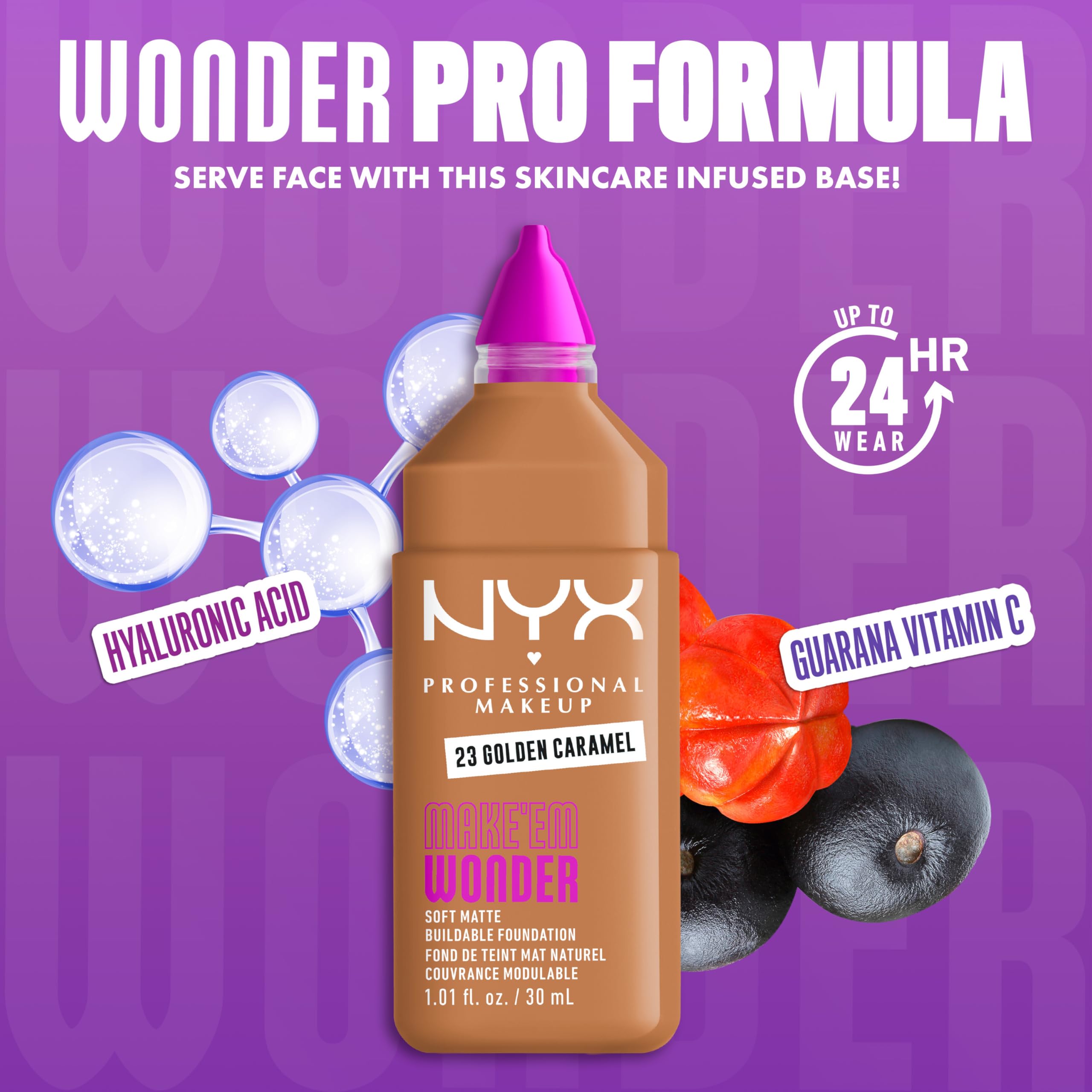 NYX PROFESSIONAL MAKEUP Make 'Em Wonder Liquid Foundation, 24HR Foundation Makeup With A Soft Matte Finish, Buildable Full Coverage - 23 Golden Caramel