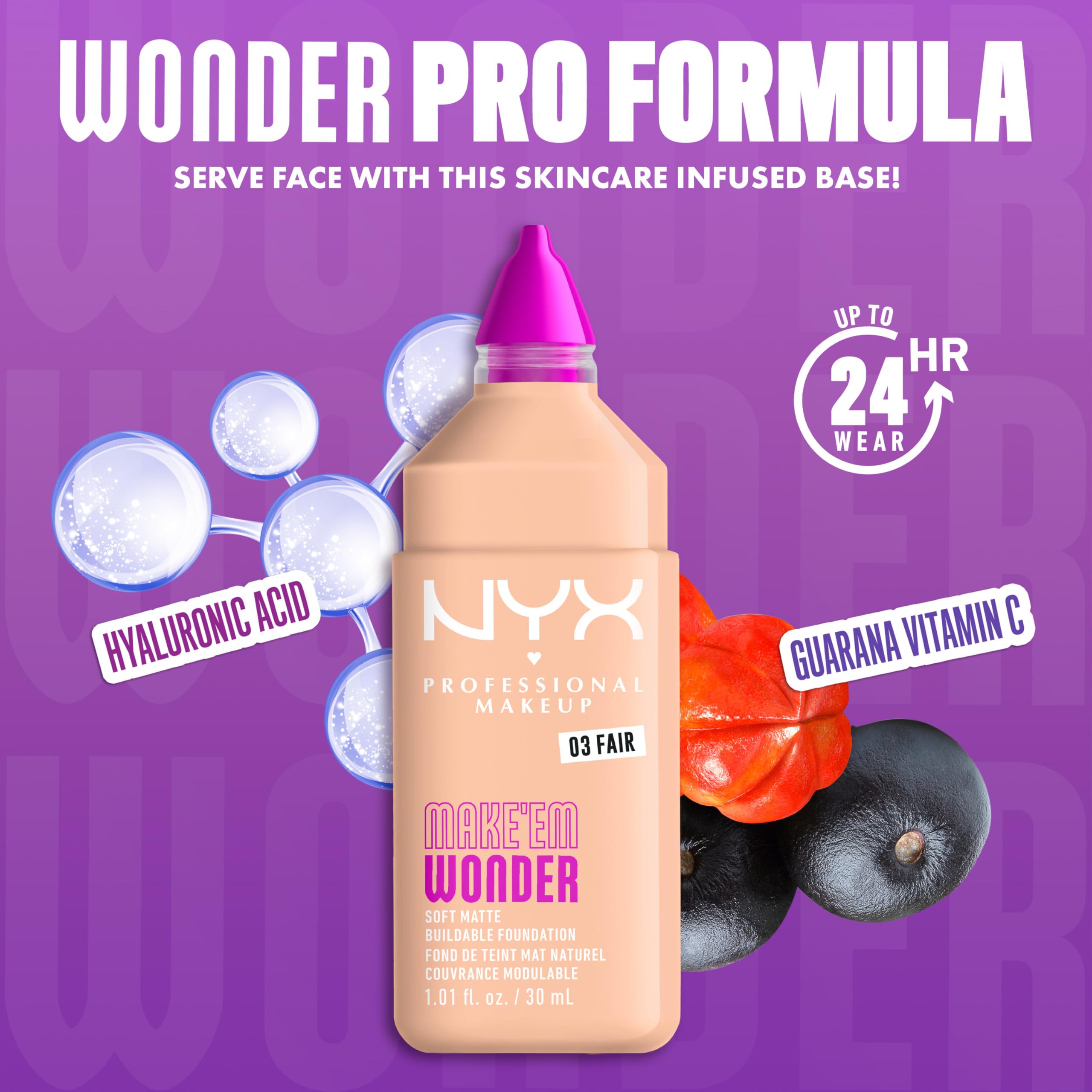 NYX PROFESSIONAL MAKEUP Make 'Em Wonder Liquid Foundation, 24HR Foundation Makeup With A Soft Matte Finish, Buildable Full Coverage - 03 Fair
