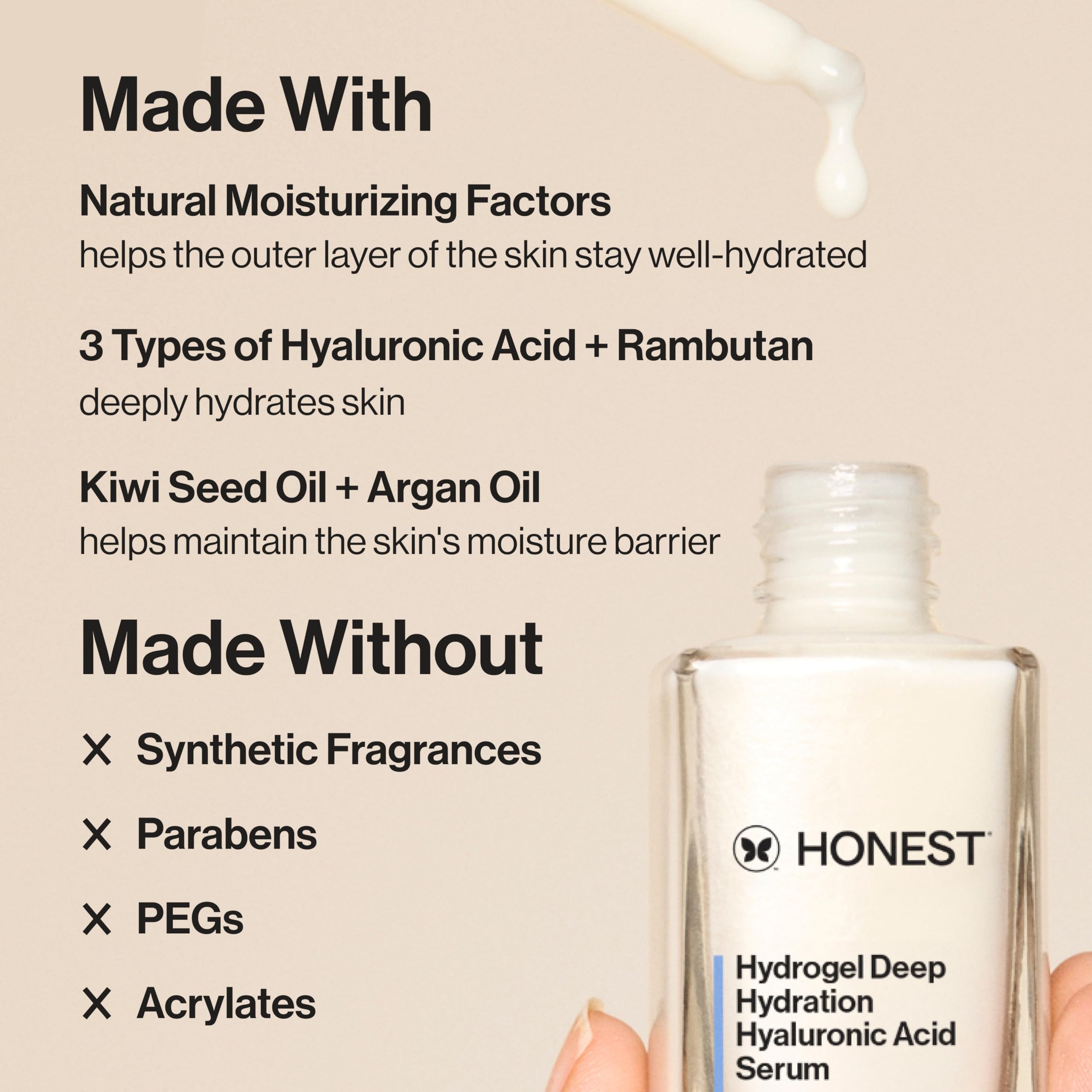 Honest Beauty Hydrogel Deep Hydration Hyaluronic Acid Serum, Moisturizes Plumps, Hypoallergenic, Fragrance-Free, Vegan, Gentle for Sensitive Skin, 1 fl oz