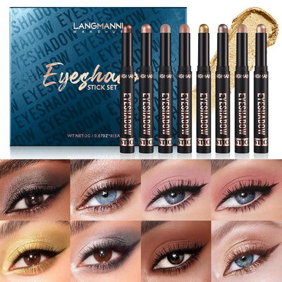 LANGMANNI 8 PCS Soft Smooth Cream Eyeshadow Stick Gift Set,Matte Earth Color+Bright Metal Color Contour Stick,Waterproof & Long-Lasting Eyeshadow (#B)