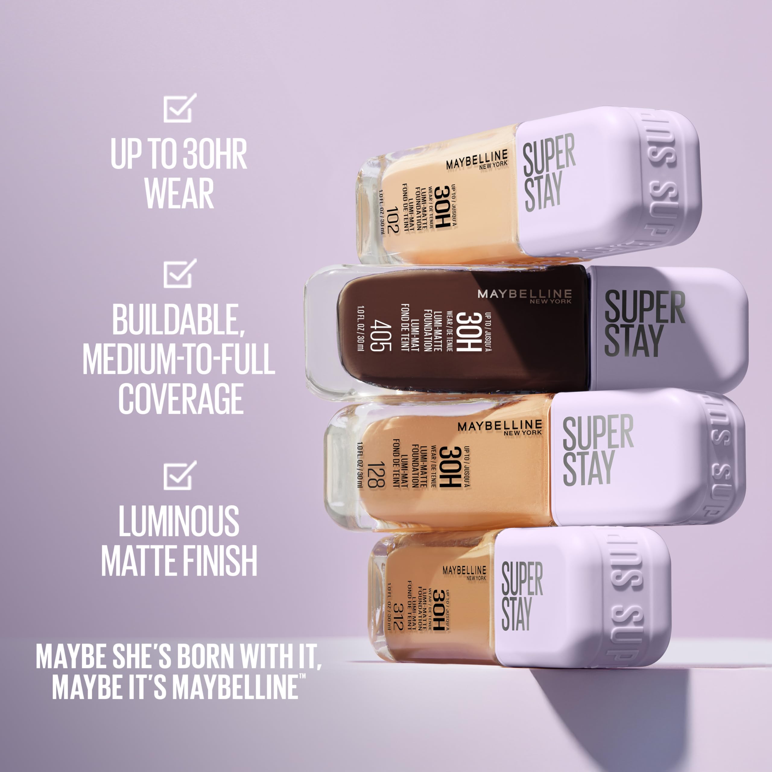 Maybelline Super Stay Lumi-Matte Foundation, Lightweight and Buildable Full Coverage Foundation Makeup For Up To 30HR Wear, 120, 1 Count