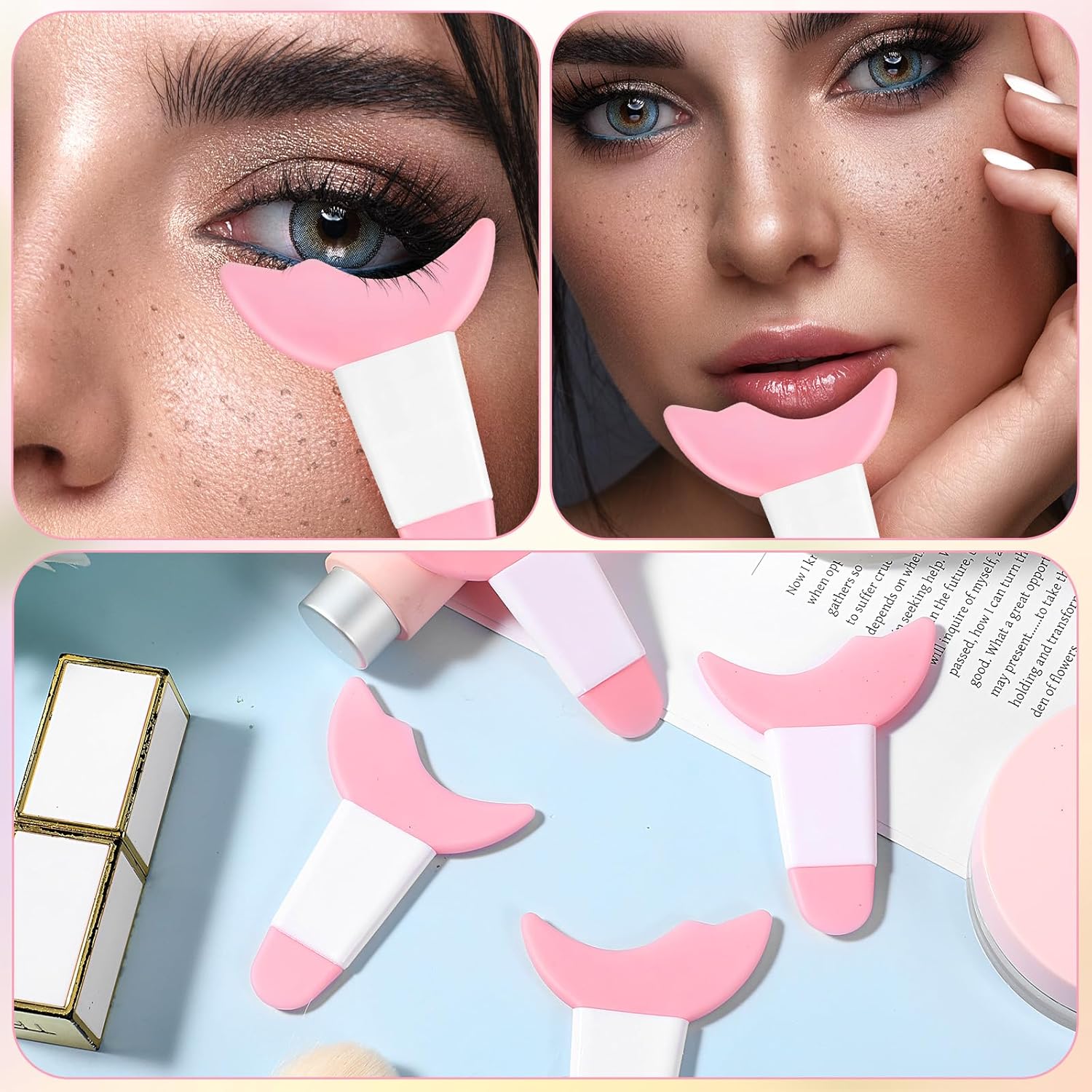 4 PCS Mascara Eyelash Applicator Guard Tool, Reusable Silicone Eyeliner Aid Mascara Shield Pink Eyelash Lipstick Eyeshadow Applicators Aid Tool Multifunctional Makeup Stencil for Women, Beginners