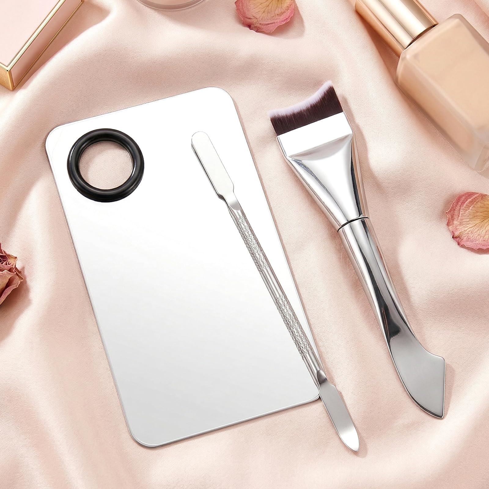 Ouligay 3 Pcs Make Up Spatula Tool,Makeup Mixing Palette,Makeup Palette Tray,Foundation Spatula,Double-Headed Foundation Brush, Makeup Brush Set for Women Girl Korean Make up Cosmetic Spatulas Tool