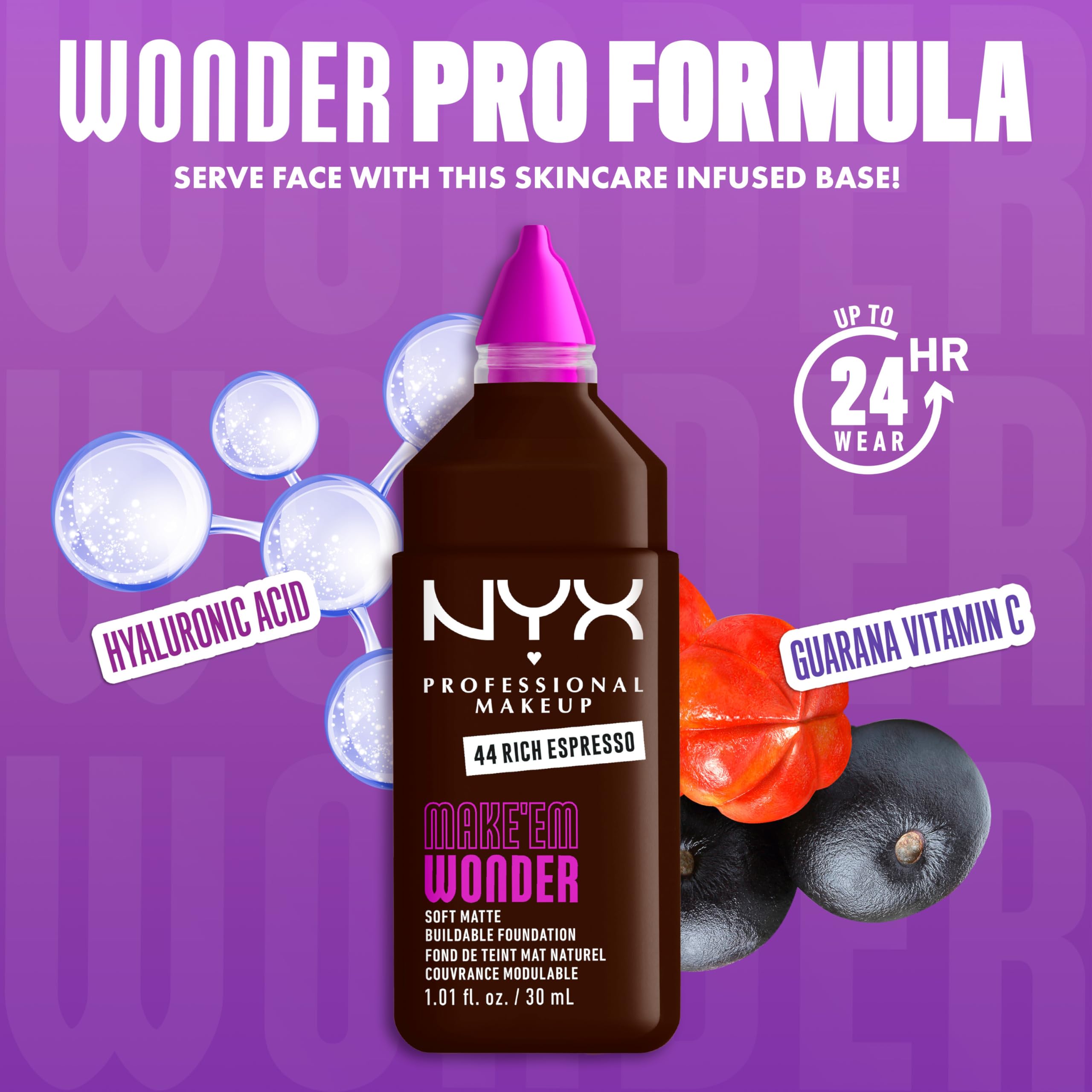 NYX PROFESSIONAL MAKEUP Make 'Em Wonder Liquid Foundation, 24HR Foundation Makeup With A Soft Matte Finish, Buildable Full Coverage - 44 Rich Espresso