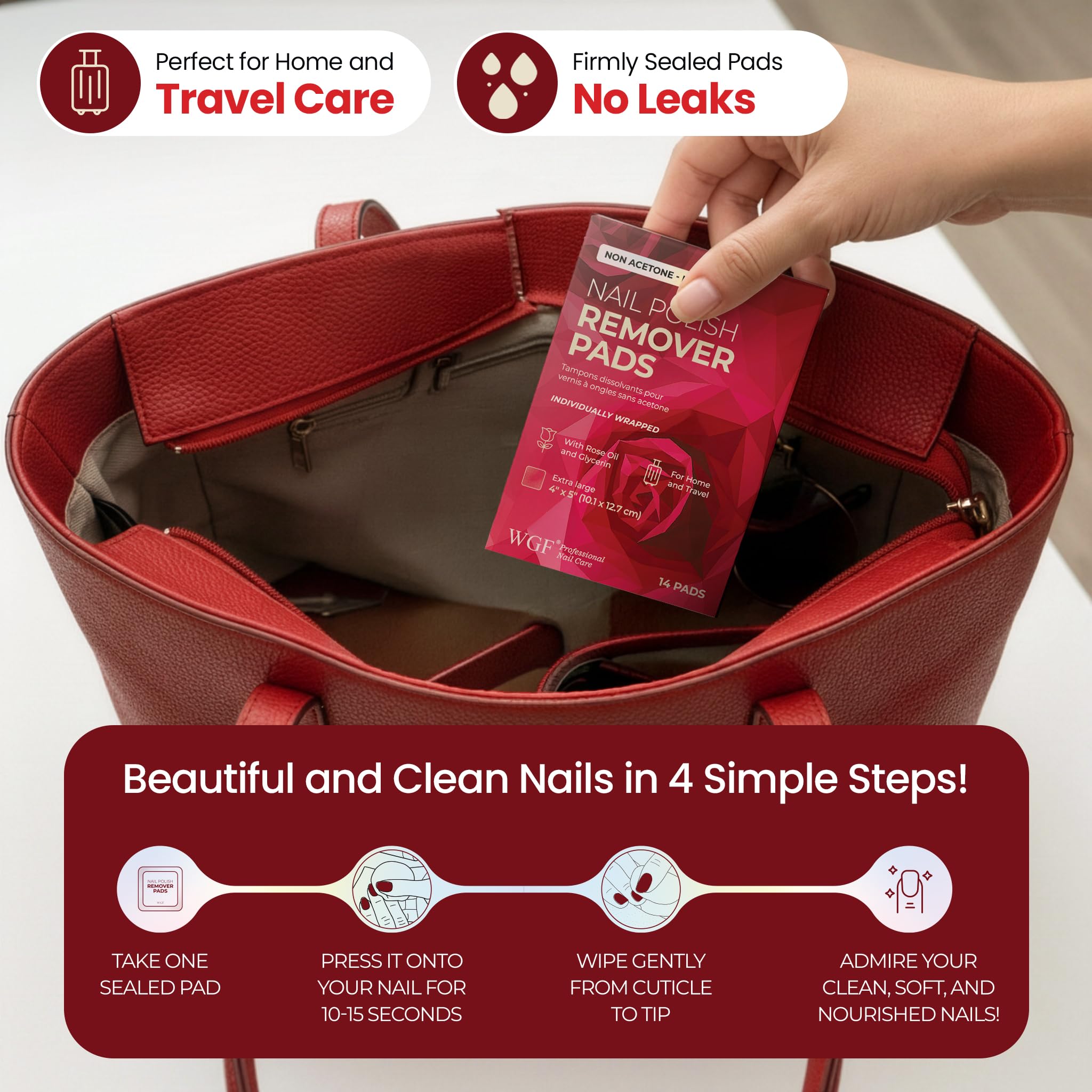 Nail Polish Remover Pads - 14 PCS - 100% Non-Acetone Gentle Formula - Individually Wrapped Wipes - Travel Size Fingernail Remover for Purse & Quick Touch-Ups