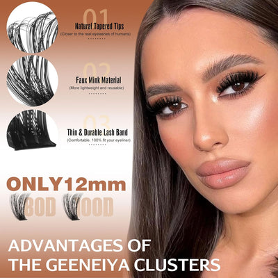 Geeneiya 12MM Volume Lash Clusters D Curl Cluster Eyelash Extensions Thick Cluster Lashes Only 12MM 80D+100D DIY Lash Extension Waterproof